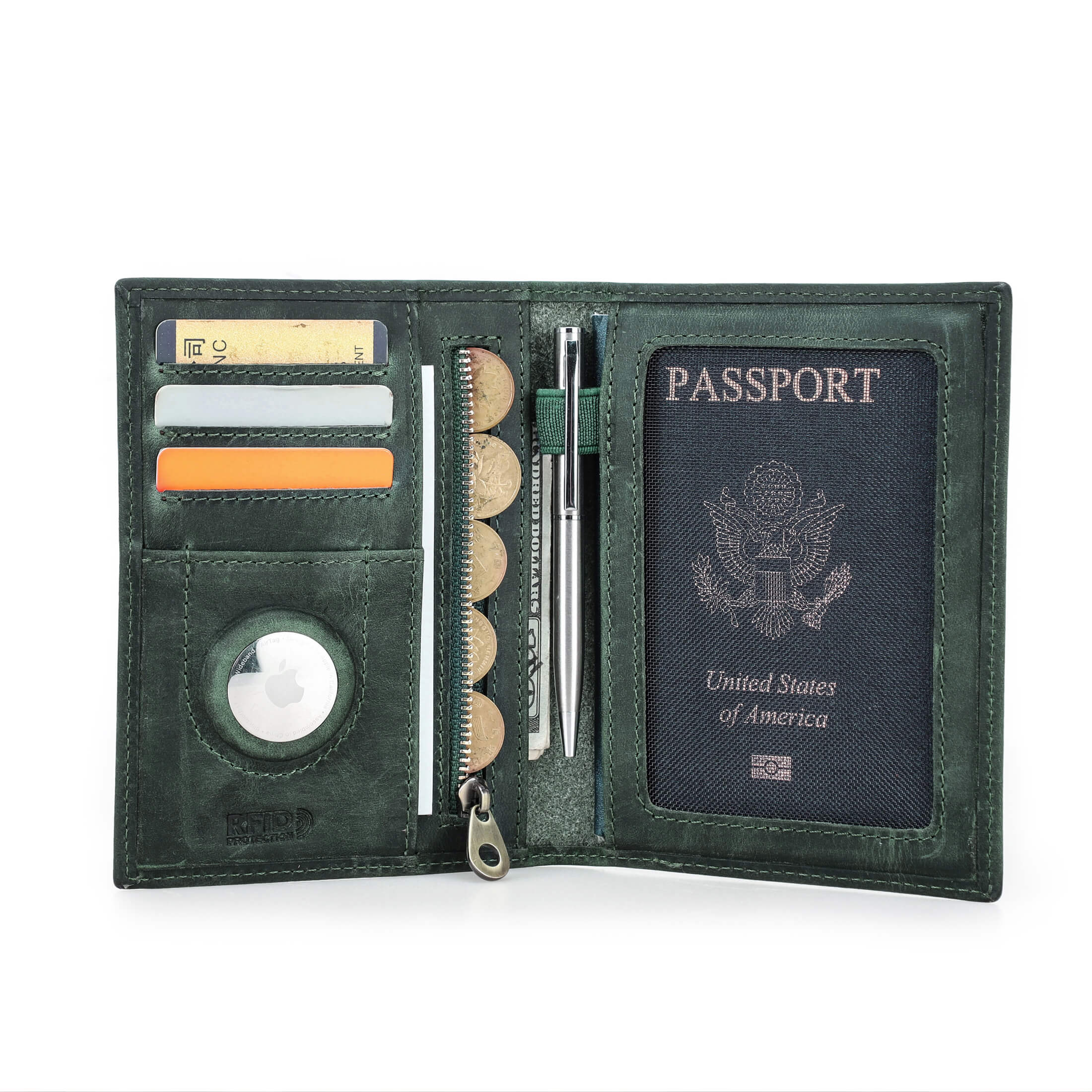 thumbnail video image 2 of Contact's Full Grain Leather Passport Card Holders for Trave Rfid , Air Tag Passport Wallet Holder (Green), 2 of 8