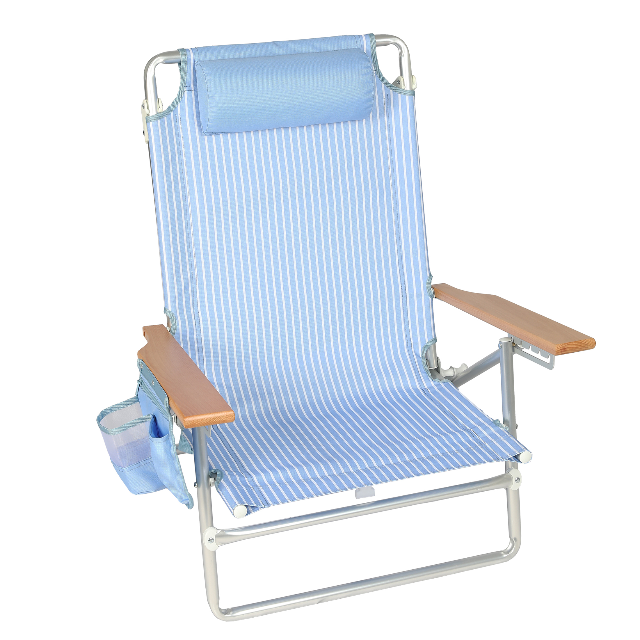 thumbnail video image 2 of Mainstays Reclining Beach Chair with Backpack Straps and Wooden Armrests, Thin Blue Stripe, 2 of 15