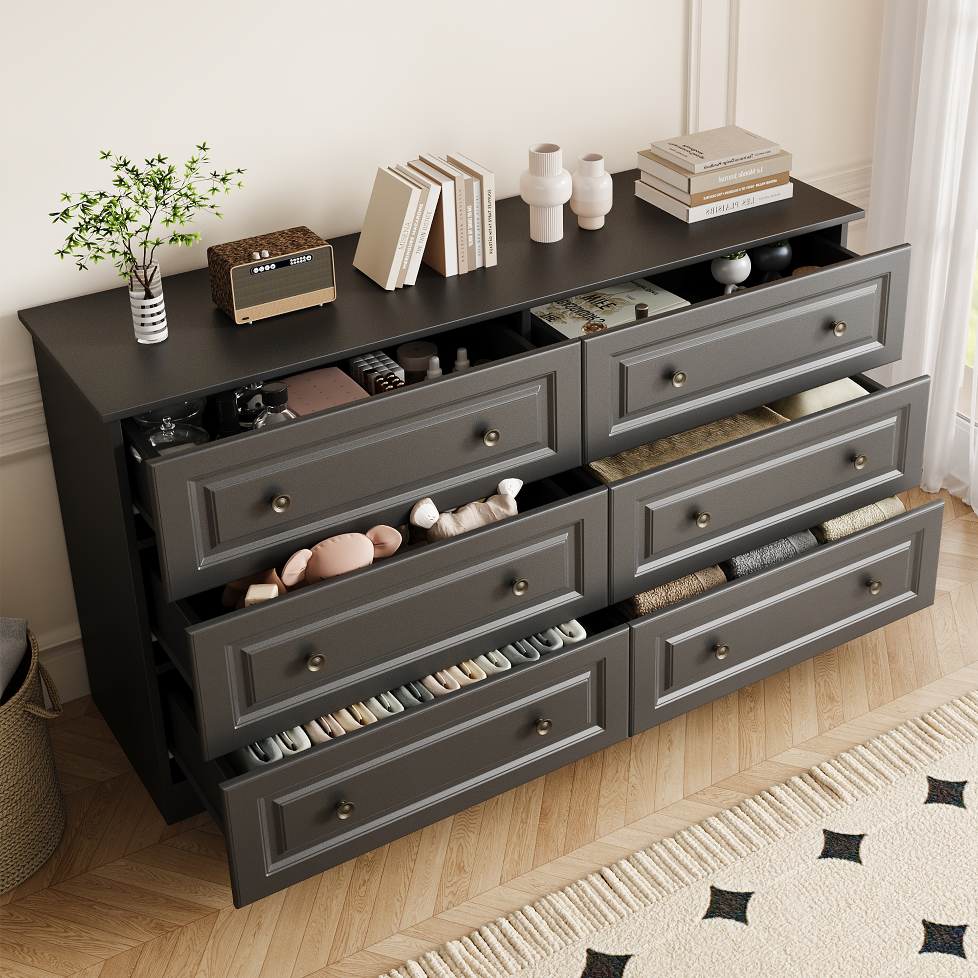 thumbnail video image 2 of NEGYLIM 6-Drawer Black Dresser, 47-inch Wide Chest for Bedroom Storage, Farmhouse Style with Anti-Tip Safety, 2 of 12