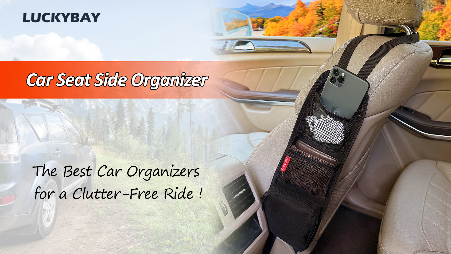 thumbnail video image 2 of Luckybay Car Seat Side Organizer, Auto Seat Storage Hanging Bag, Phones, Drink, Stuff Holder with Mesh Pocket for Cars, SUV & Truck (1 Pack), 2 of 9