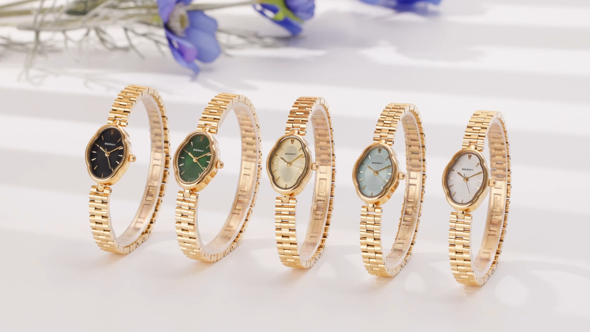 thumbnail video image 2 of BERNY Small Gold Watches for Women Dainty Vintage Ladies Analog Quartz Bracelet Watch with Adjustment Tool Included Stainless Steel Waterproof Fashion Luxury Womens Wrist Watch Gifts (Blue), 2 of 11