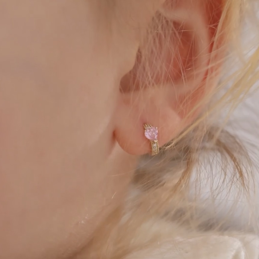 thumbnail video image 2 of 14k Gold Sparkling Heart Clear Kids / Children's / Girls Earrings Hoop, 2 of 7