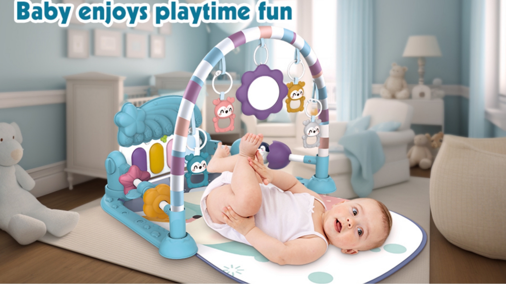 thumbnail video image 2 of Babyeap Baby Gym Play Mat 3 in 1 Fitness Rack with Music and Lights Fun Piano Baby Activity Center,Blue, 2 of 9