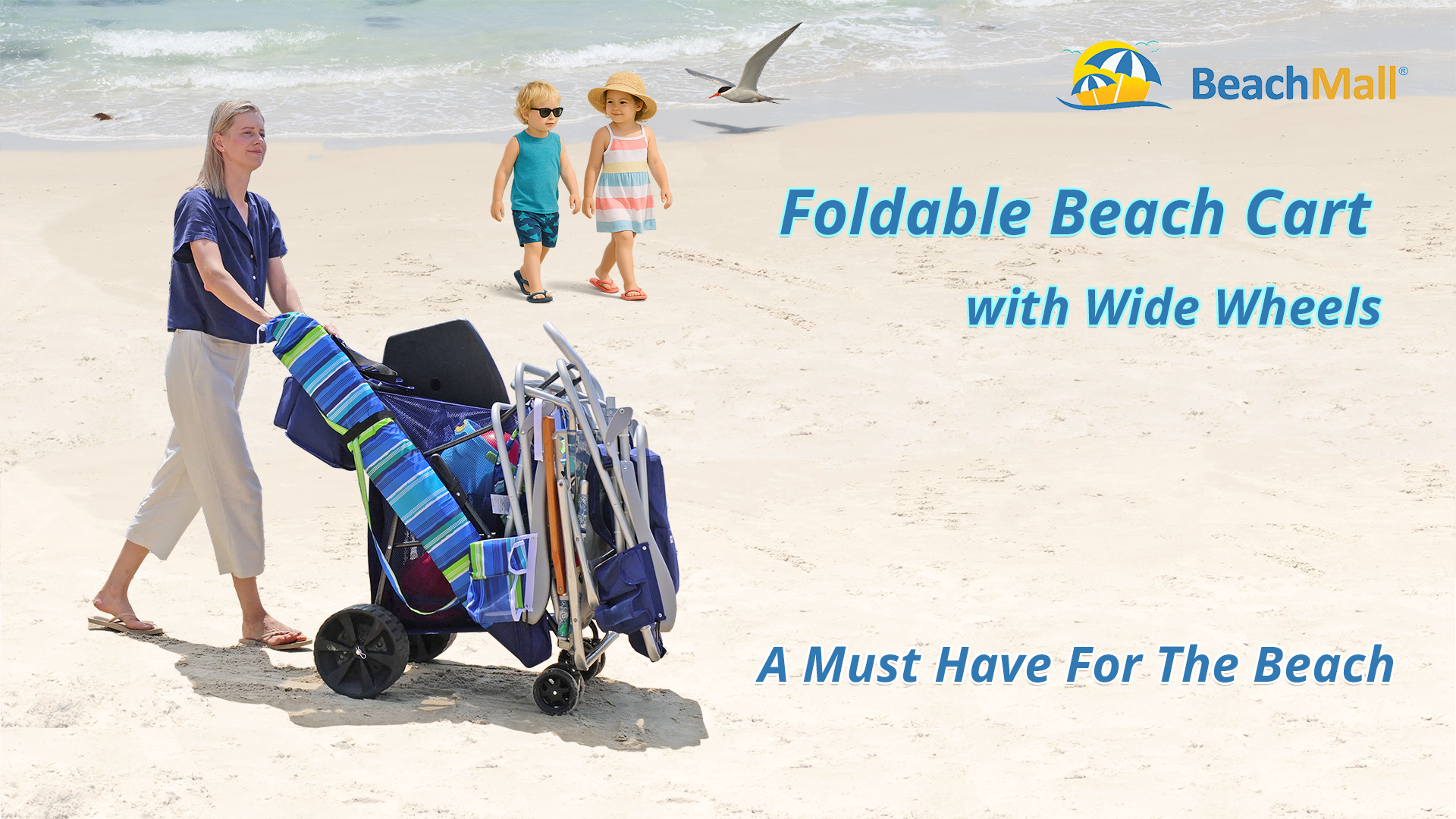 thumbnail video image 2 of Buggy Beach Cart with Big  Wheels for Sand, Wide Wheel Wagon with Insulated Cooler Bag, Boogie Board and Umbrella Holder, 2 of 9
