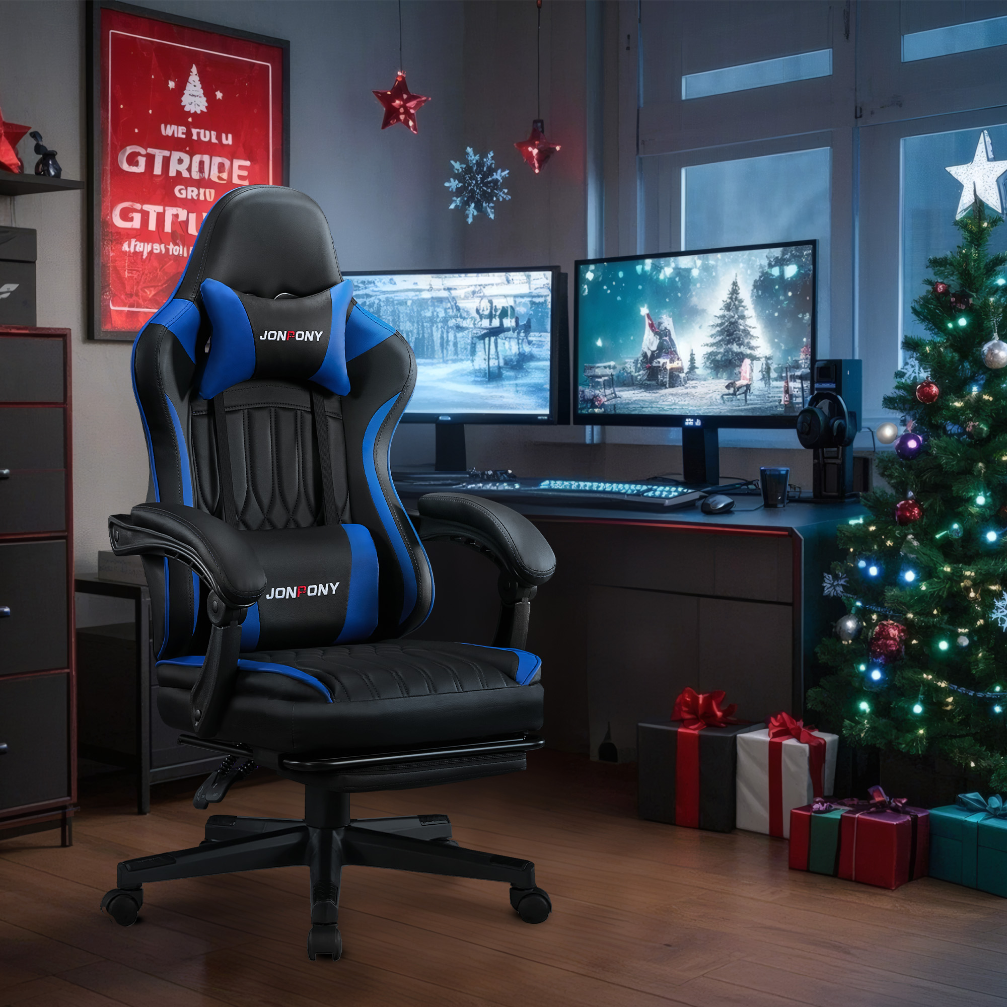 thumbnail video image 2 of JONPONY Big and Tall 400lbs Gaming Chair with Bluetooth Speakers Gamer Chair with Footrest Game Chair with Lumbar Support and 360-Swivel Seat and Headrest for Adults, Blue, 2 of 13