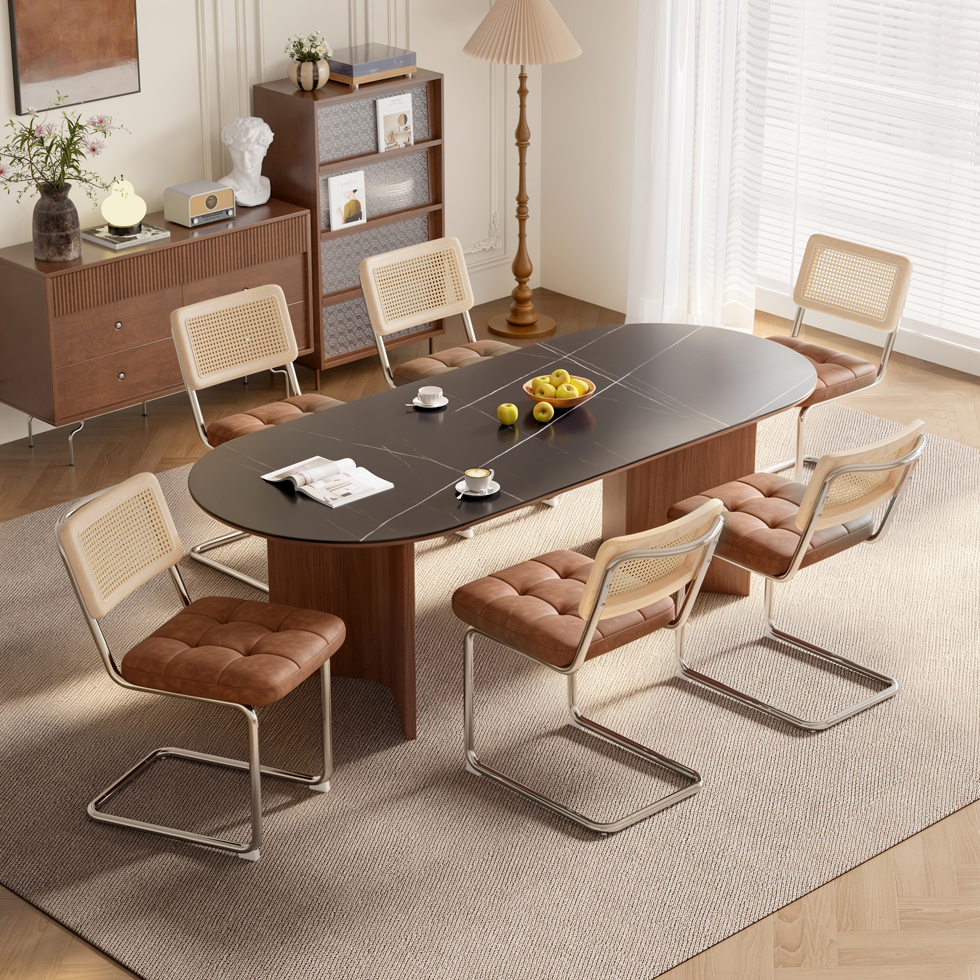 thumbnail video image 2 of Hawsaiy Velvet Rattan Dining Chairs Set of 2, Upholstered Dining Room Chairs with Cane Back, Mid Century Modern Cantilever Kitchen Chairs, Chrome Frame Armless Side Chairs, Brown, 2 of 12