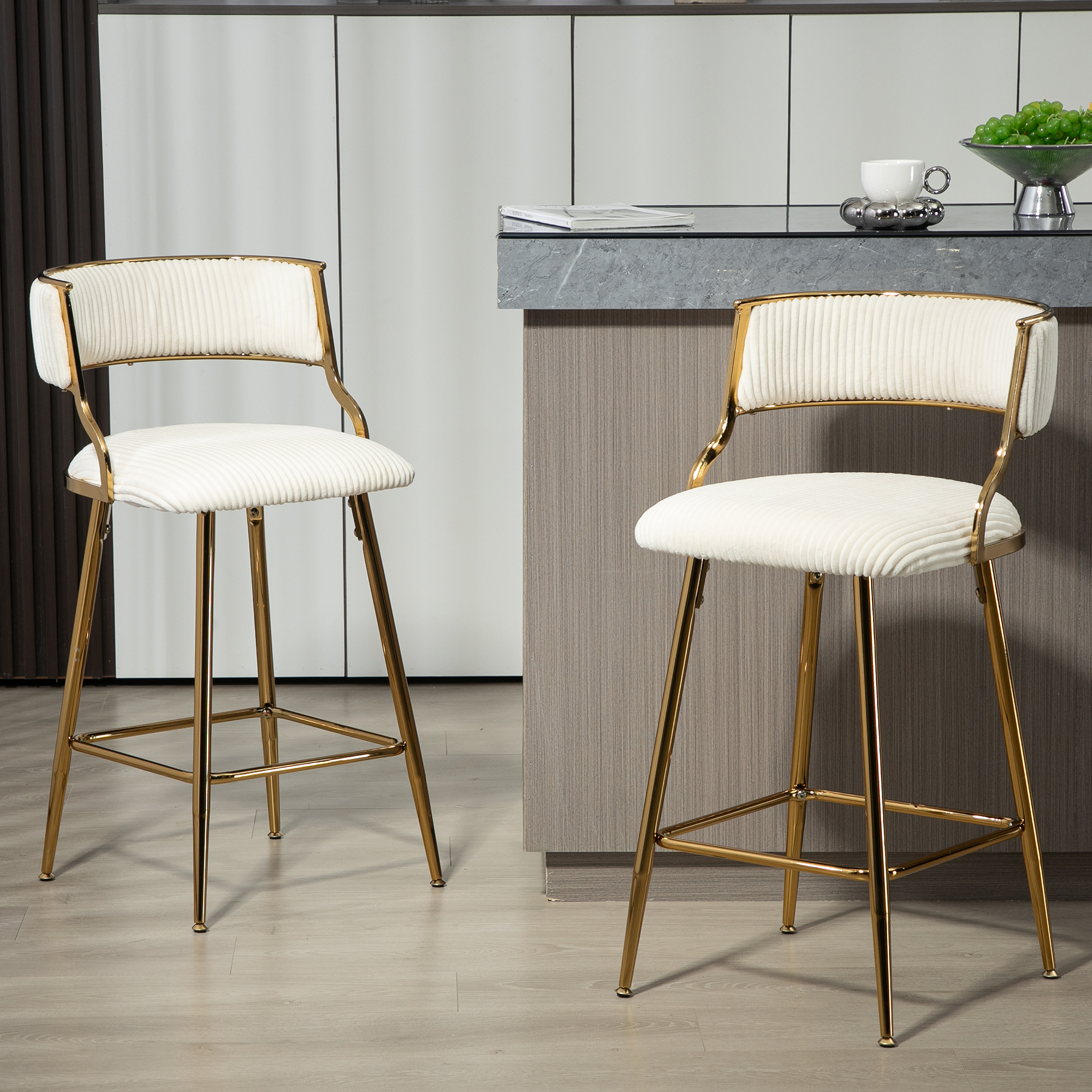thumbnail video image 2 of Peispie 25" Counter Height Bar Stools Set of 2, Modern Corduroy Barstools with Low Back and Gold Metal Legs, Padded Kitchen Island Chairs with Footrest for Home Bar, Pink, 2 of 9
