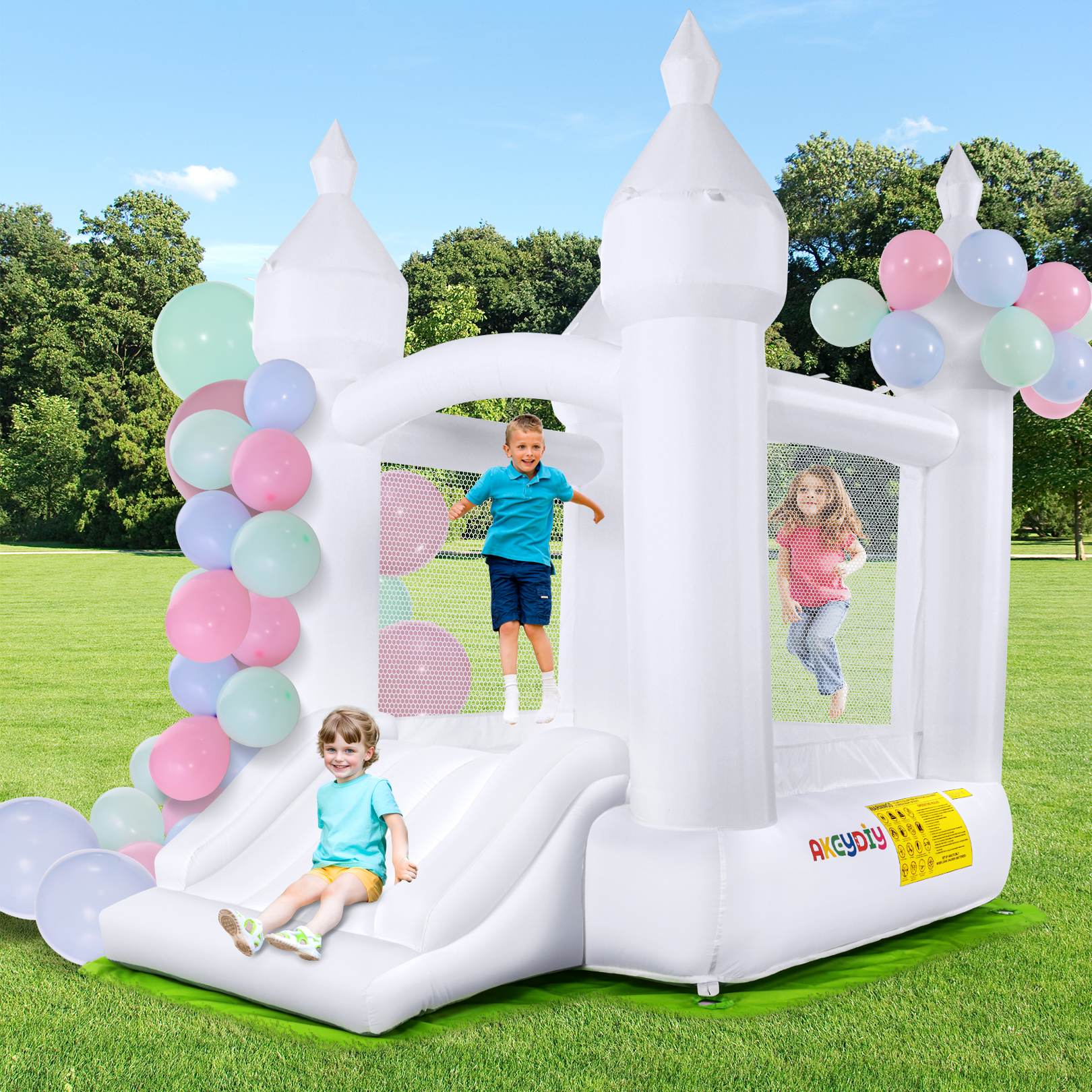 thumbnail video image 2 of Adnoom Inflatable Bounce House with 350W Blower, Bounce House with Slide, White Jumping Castle for Kids 3~10, Bouncy House for Wedding, Party, Gift Decoration, Indoor & Outdoor, 2 of 11