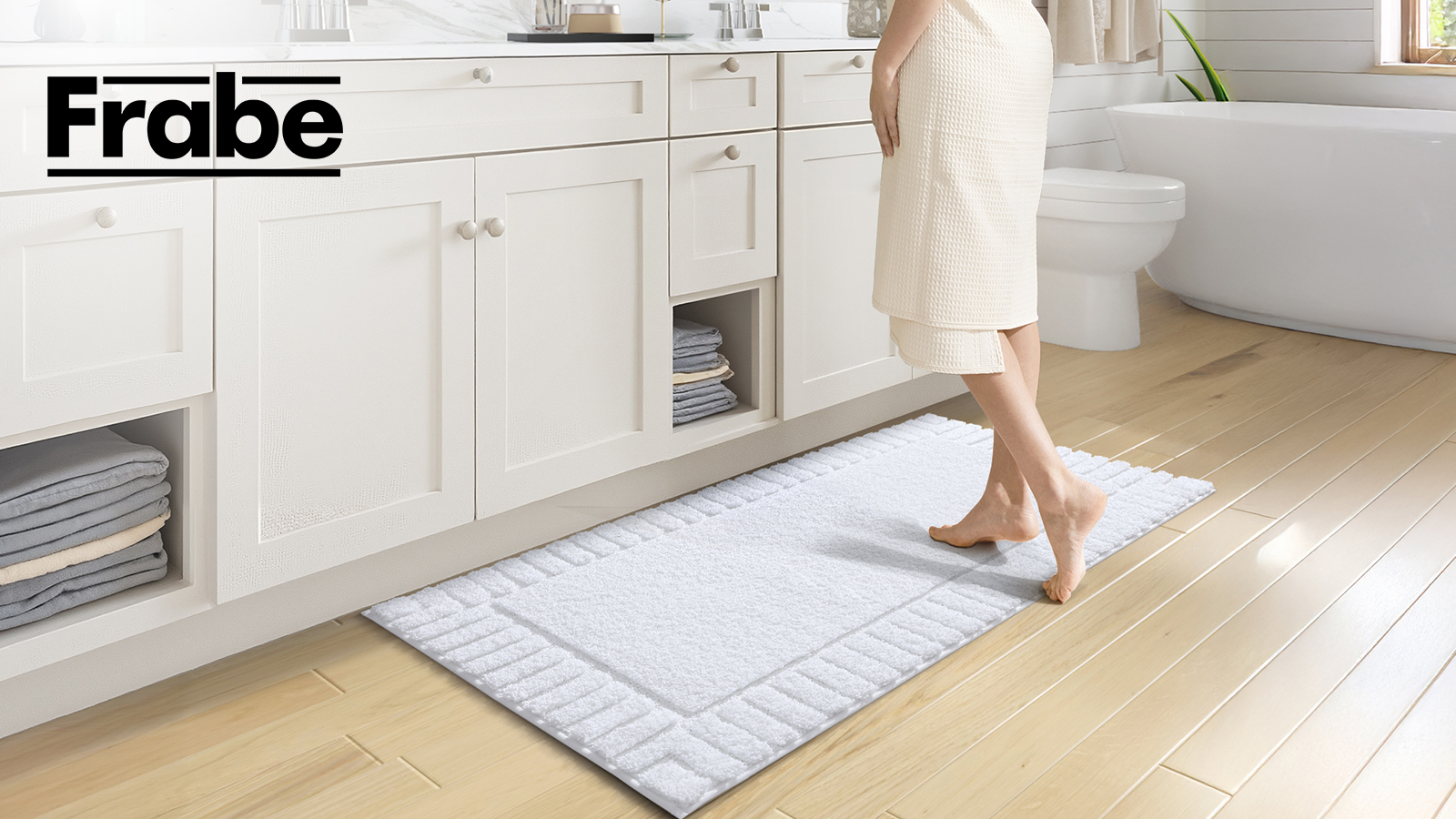 thumbnail video image 2 of FRABE Bathroom Rugs Non Slip with Rubber Backing, Extra Soft Plush Microfiber Bath Rug Absorbent, Machine Washable Bath Mat Quick Dry for Tub, Shower, Hotel, White, 24"x36", 2 of 10