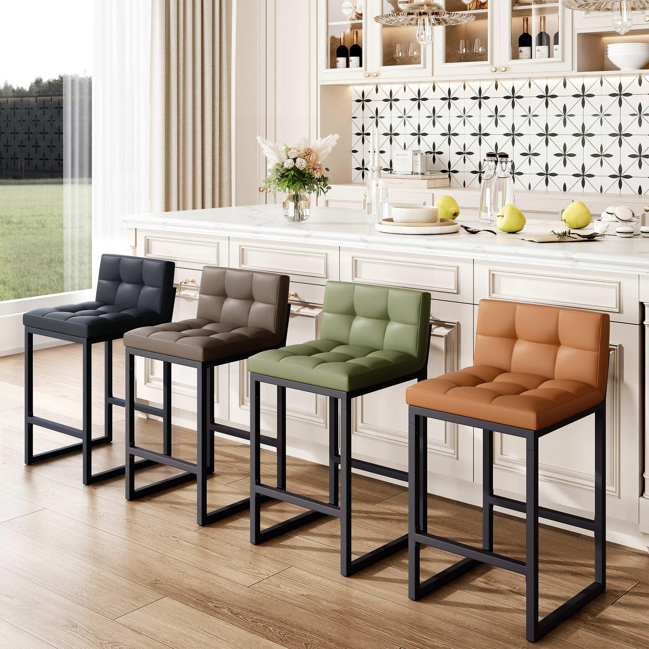 thumbnail video image 2 of FIRAVOE Bar Stools Set of 3, Counter Height Bar Stools (Low Back)(Thickened Frame) 26" PU Leather Barstools Bar Chairs for Kitchen Island, Black, 2 of 9