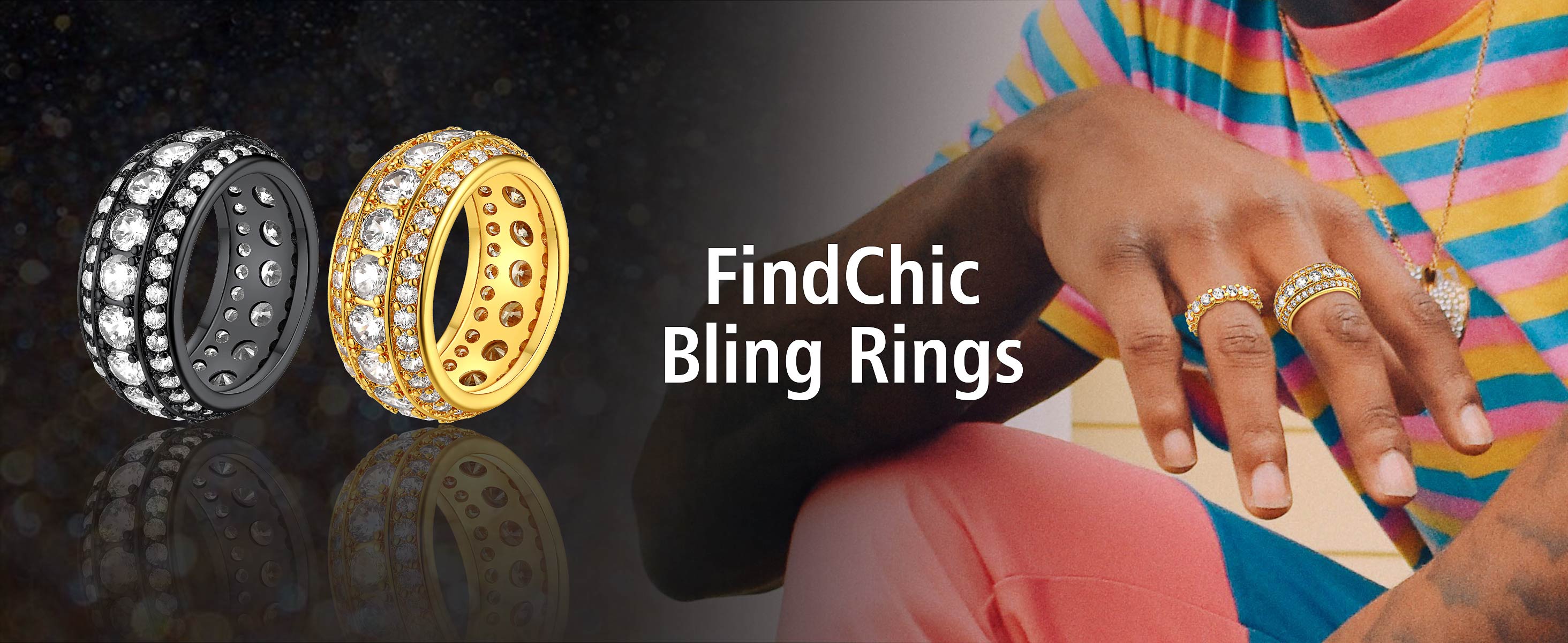 thumbnail video image 2 of FindChic Black Cubic Zirconia Ring Thick 3 Row Band for Men,Women Size 7 to 14 Rings Bling Jewelry, with Gift Box, 2 of 8