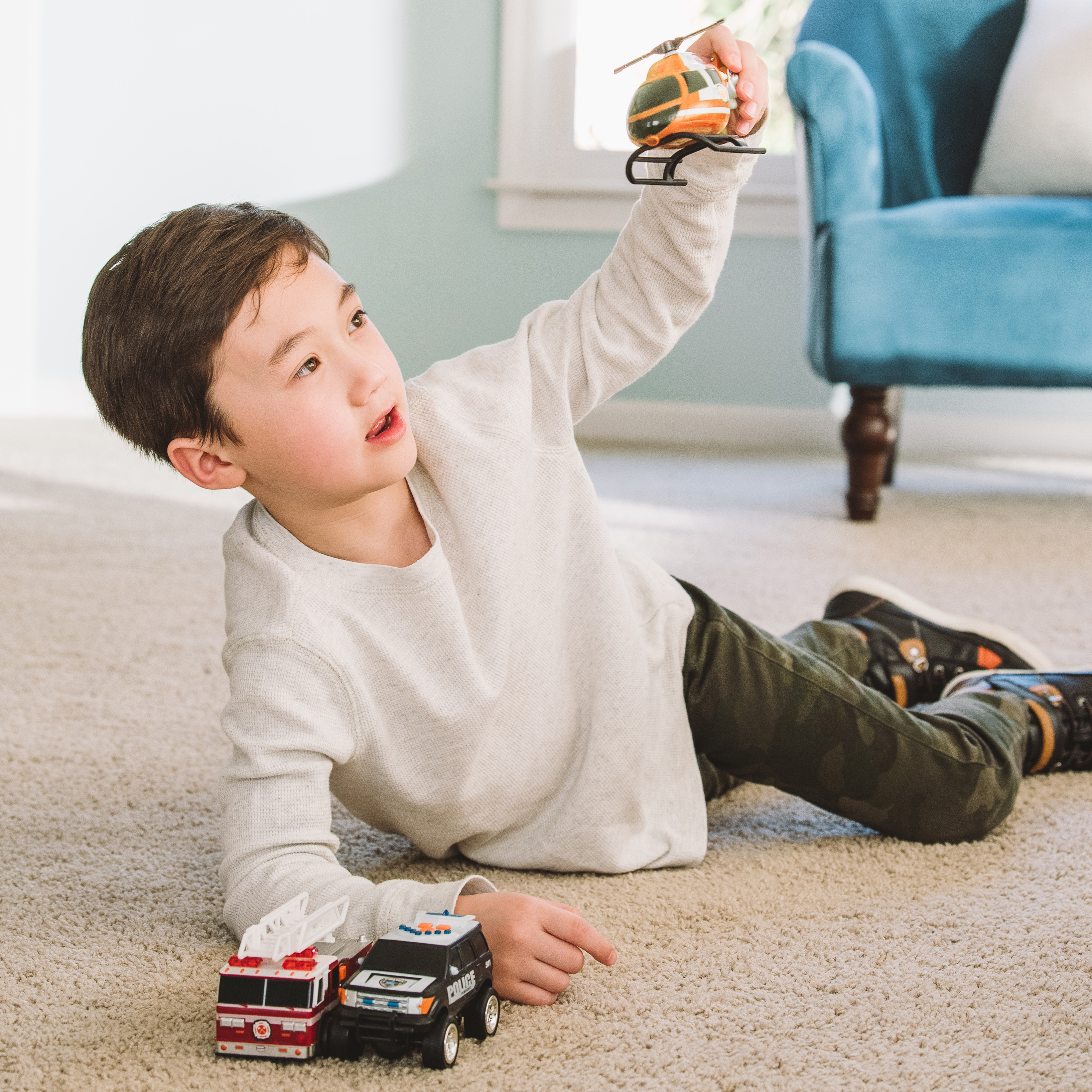 thumbnail video image 3 of Maxx Action Mini Rescue Vehicles, 3-Pack Assorted Toy Firetruck, Police SUV & Helicopter, Children Ages 3 and up, 3 of 5