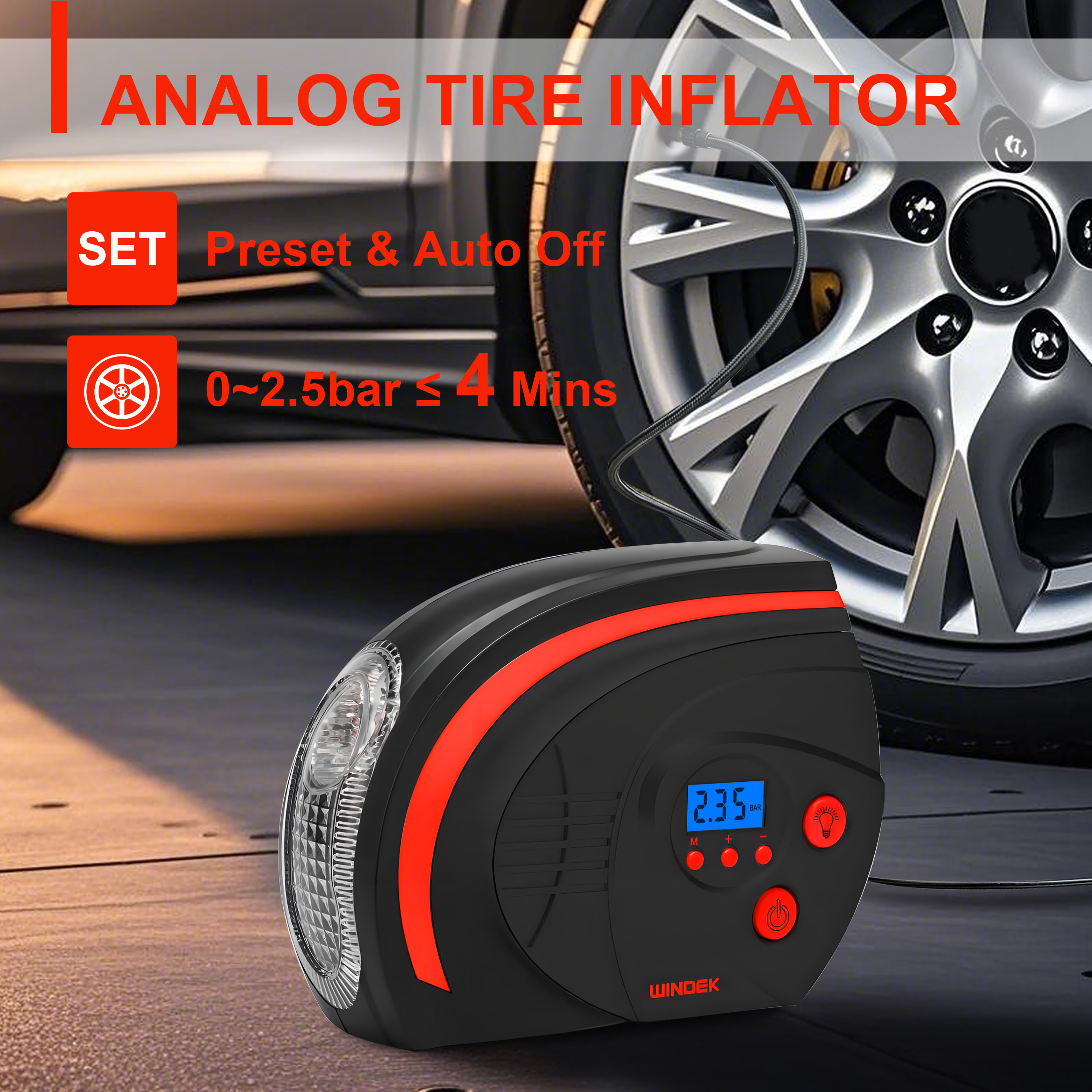 thumbnail video image 2 of Windek Tire Inflator Portable Air Compressor 12V DC, 120PSI, LED Light, Digital Pressure Gauge, Auto Shutoff, Electric Air Pump for Car Tires, Bike, Motorcycle, Sports Balls, 2 of 7