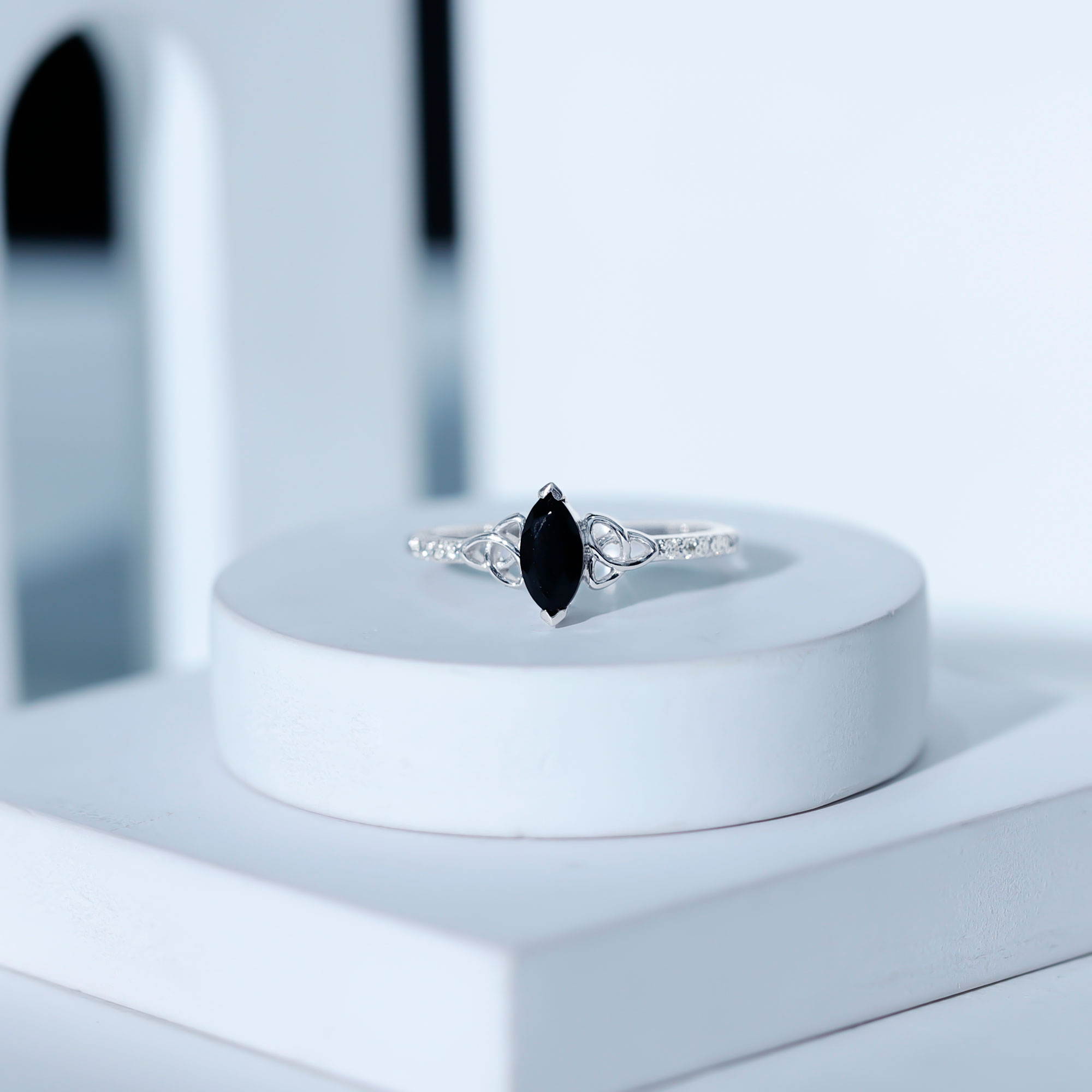 thumbnail video image 2 of Rosec Jewels Marquise Black Onyx Solitaire Celtic Knot Ring with Diamond - 4X8 mm - AAA Grade, 14K White Gold, US 4.00, 2 of 7