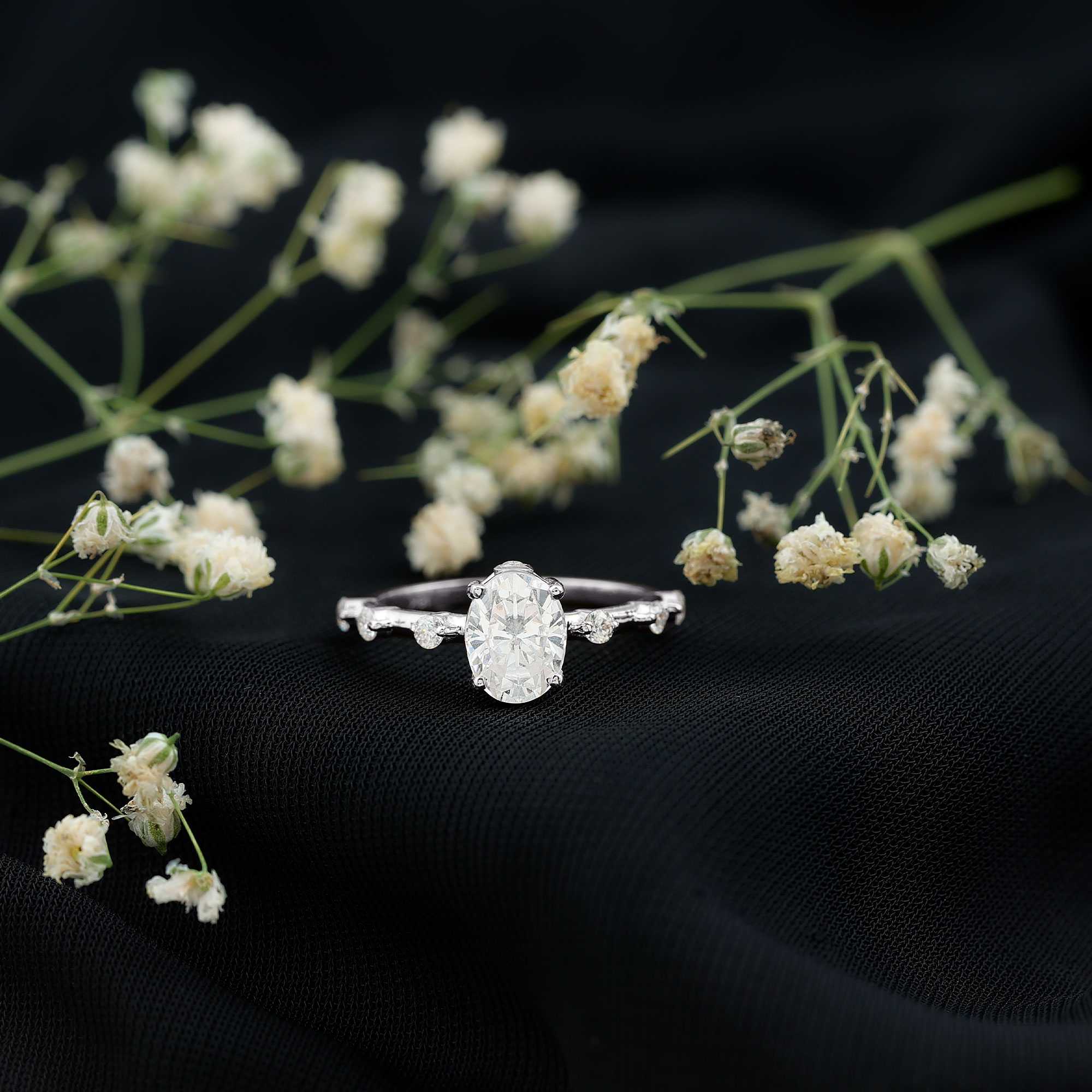 thumbnail video image 2 of Oval Solitaire Moissanite Engagement Ring with Spaced Accent (6X8 mm, D-VS1 Grade), 925 Sterling Silver, US 9.00, 2 of 8