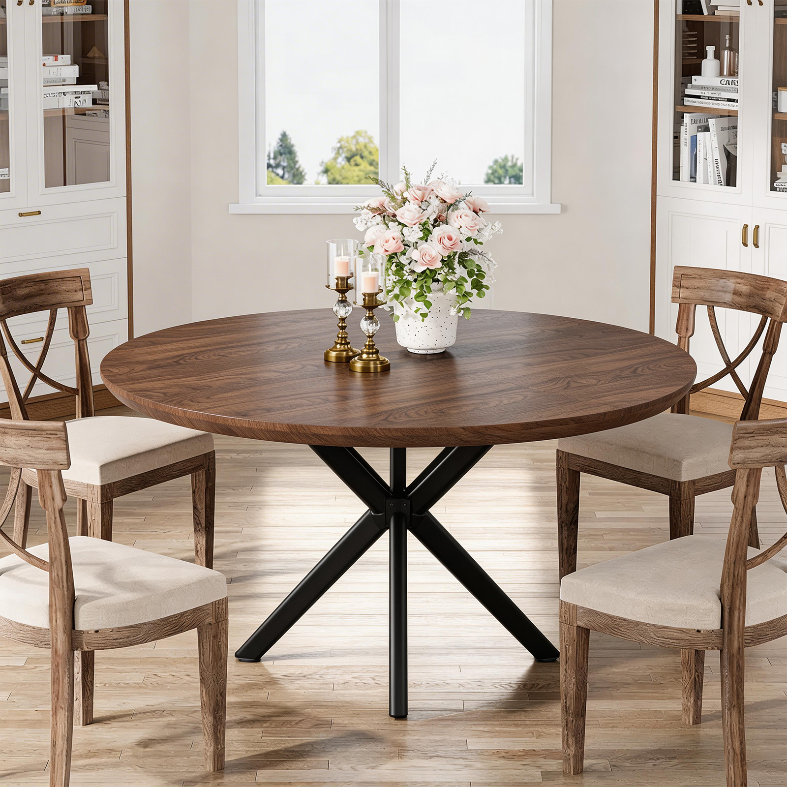 thumbnail video image 2 of Hawsaiy 47" Round Dining Table for 4-6, Modern Farmhouse Kitchen Table with Metal Legs, Wood Circle Dinner Table for Kitchen & Dining Room, Gray, 2 of 8
