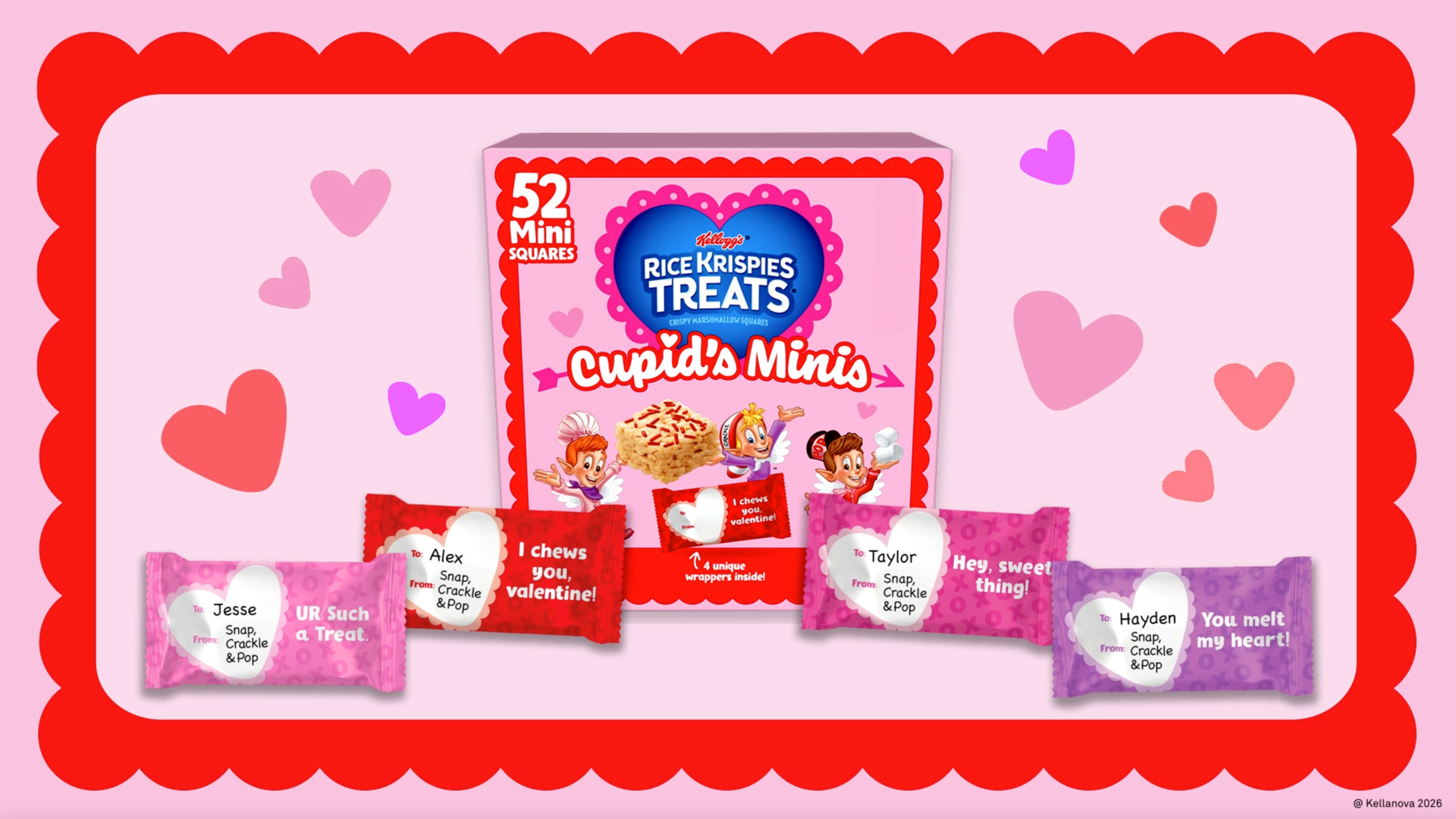 thumbnail video image 2 of Rice Krispies Treats Valentine's Day Minis with Sprinkles Chewy Mini Marshmallow Cereal Bars, Kids Snacks, 12.4 oz, 32 Count, 2 of 10