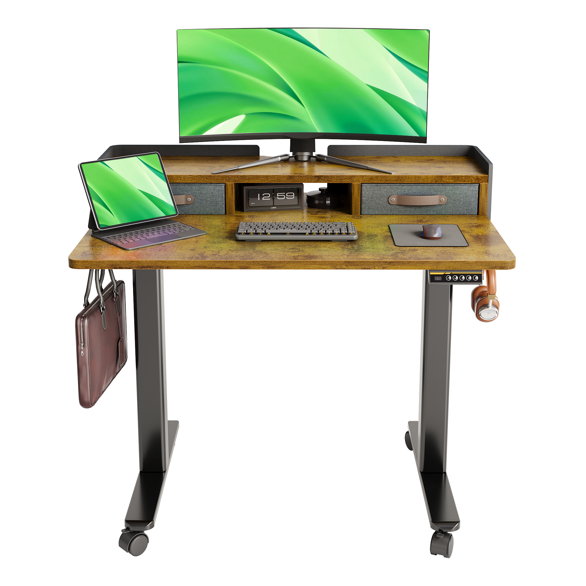 thumbnail video image 2 of INNOVAR Electric Standing Desk with Drawers - Adjustable Height Computer Table, Small Stand up Desks with Storage​ Shelf, Adults Sit to Stand Splice Board Desk for Home Office,48 inch,Rustic Brown, 2 of 15