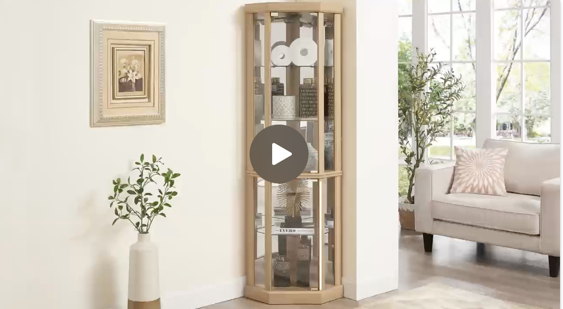 thumbnail video image 2 of CKEASEAN Curio Cabinet with Light Bulb, 70"H Corner Glass Display Case with Tempered Glass Door and Adjustable Shelves, 2 of 9