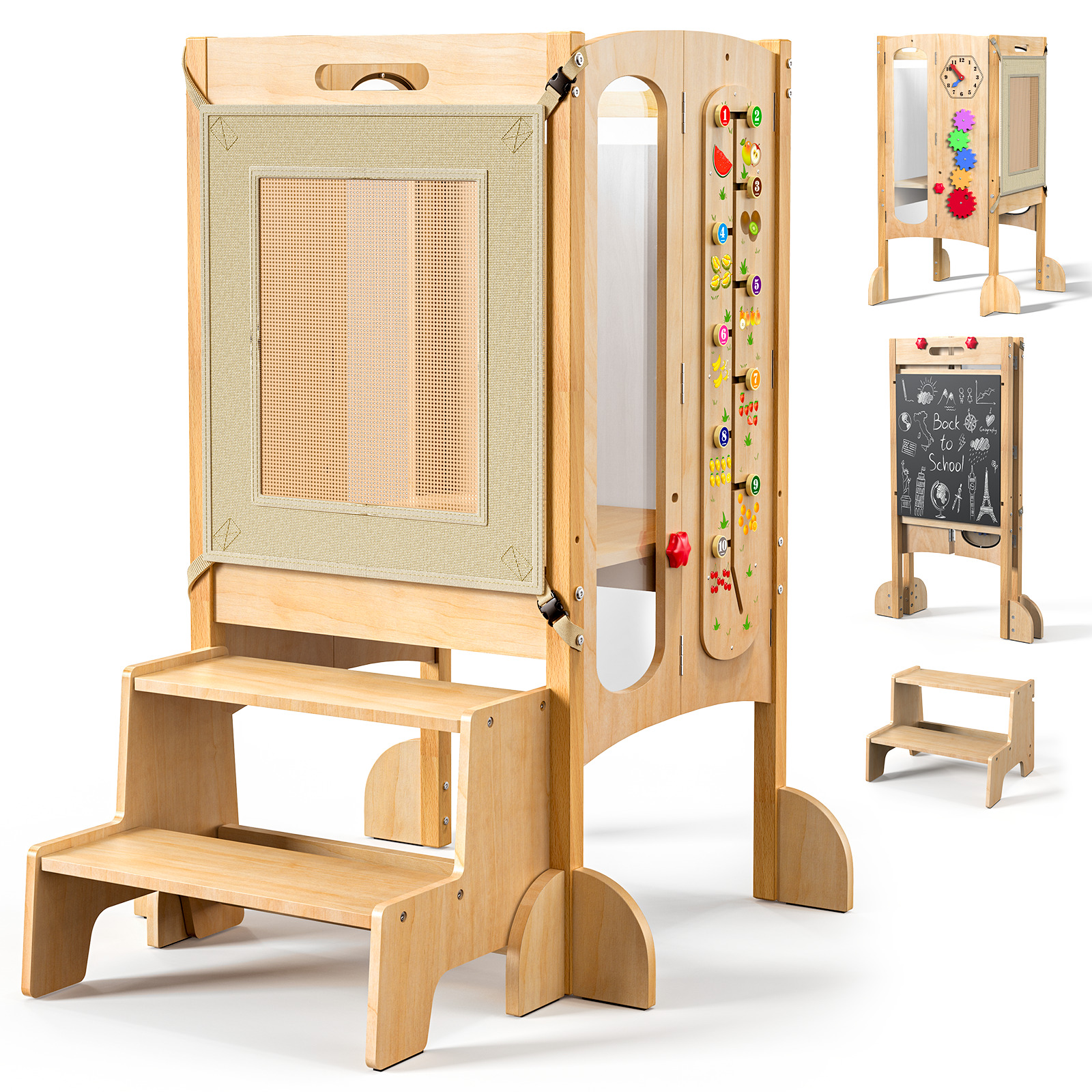 thumbnail video image 2 of Keaibuding Foldable 4-in-1 Montessori Toddler Tower with Safety Net, Wooden Learning Tower & 2-Step Kitchen Step Stool Helper for Kids, Adjustable Toddler Stand with Dual-Sided Chalk-Whiteboard, 2 of 9