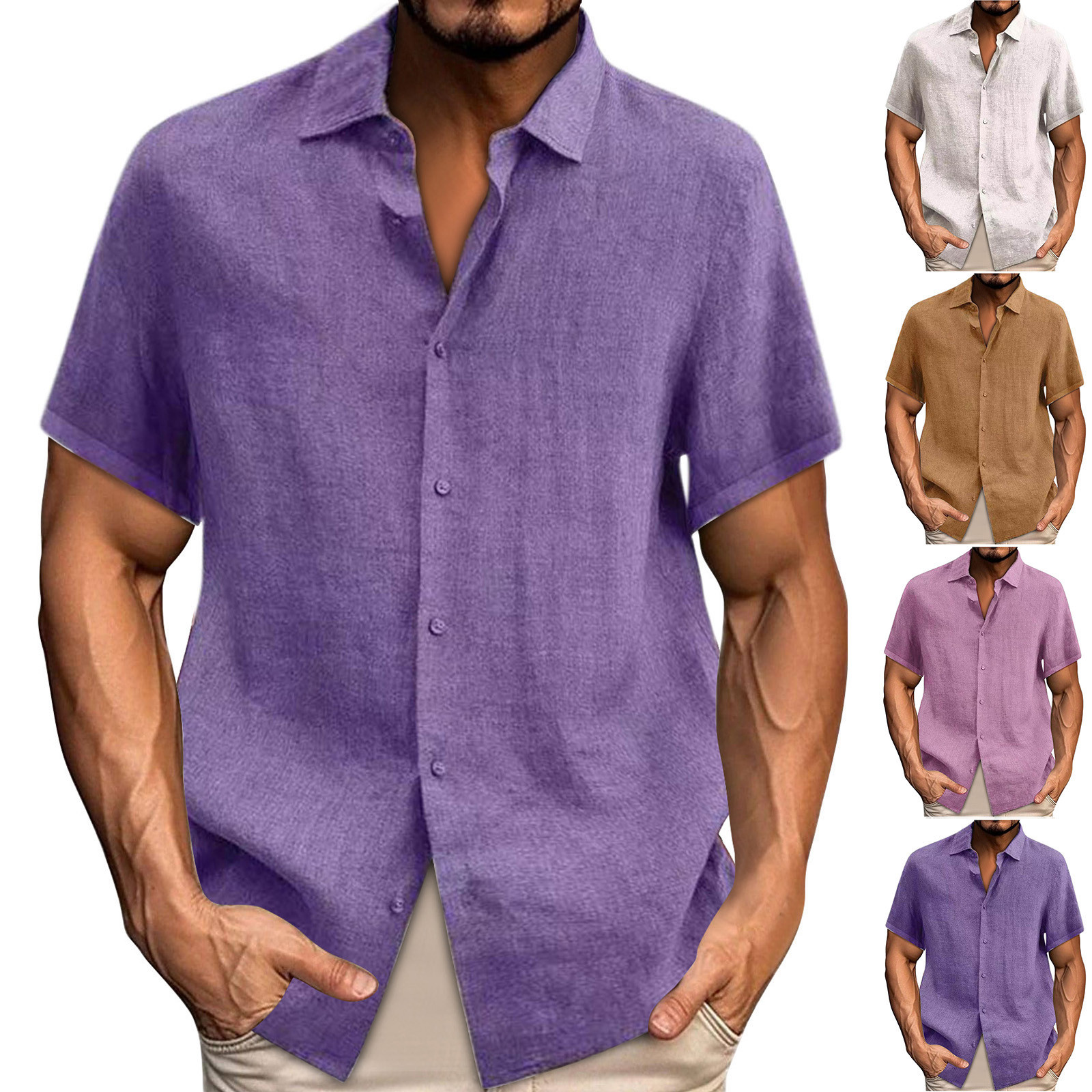 thumbnail video image 2 of WREESH Men's Summer Casual Button Down Dress Cotton Linen T-Shirt Solid Short Sleeve Stand Collar Shirt Tops White, 2 of 5