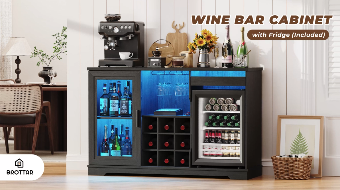 thumbnail video image 2 of BROTTAR Wine Bar Cabinet with Fridge (Included), 47" Liquor Coffee Bar Cabinet with LED Lights & Rack, Mini Fridge Cabinet with Storage, Human Body Sensor, Buffet Sideboard for Dining Room, Black, 2 of 10