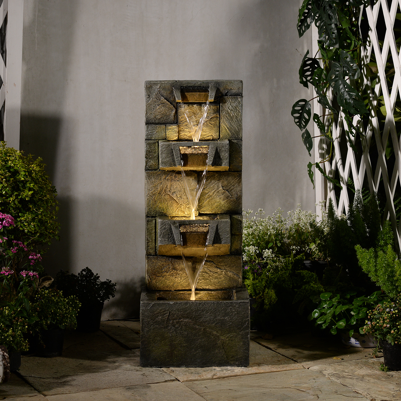 thumbnail video image 2 of 32.2" Tall 3-Tier Outdoor Water Fountain with LED Lights, Mossy Stone Look Cascading Resin Garden Waterfall for Patio, Yard, Porch Decor, 2 of 8