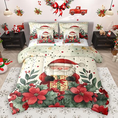thumbnail video image 2 of Homewish Merry Christmas 7pcs Bedding Comforter Set,Kawaii Santa Claus Queen Bedding Sets,Red Berry Xmas Flower Queen Sheet Sets For Girl Kids,Breathable Home Decor Reversible, 2 of 9