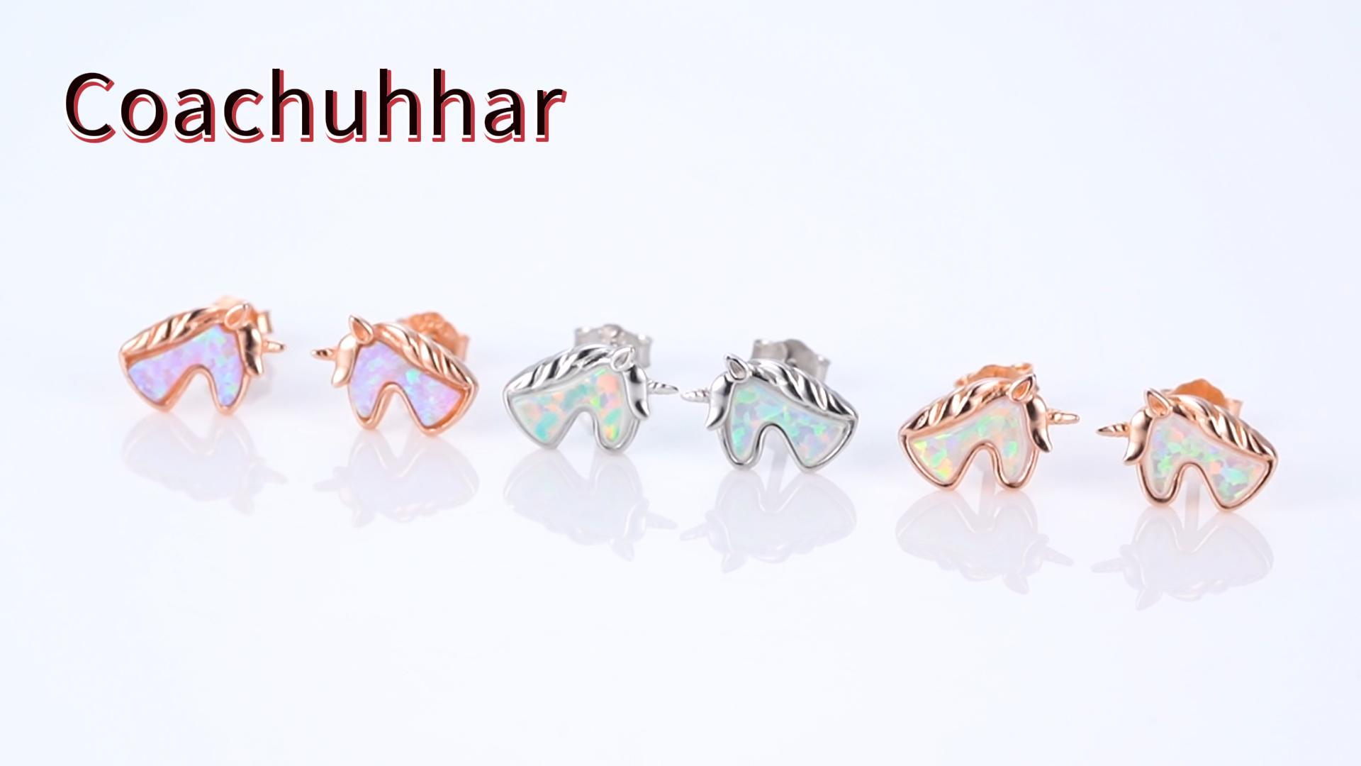 thumbnail video image 2 of Coachuhhar Unicorn Earrings for Women 925 Sterling Silver Hypoallergenic Opal Unicorn Stud Earrings Cute Animal Earrings Opal Jewelry Gifts for Unicorn Lover, 2 of 8