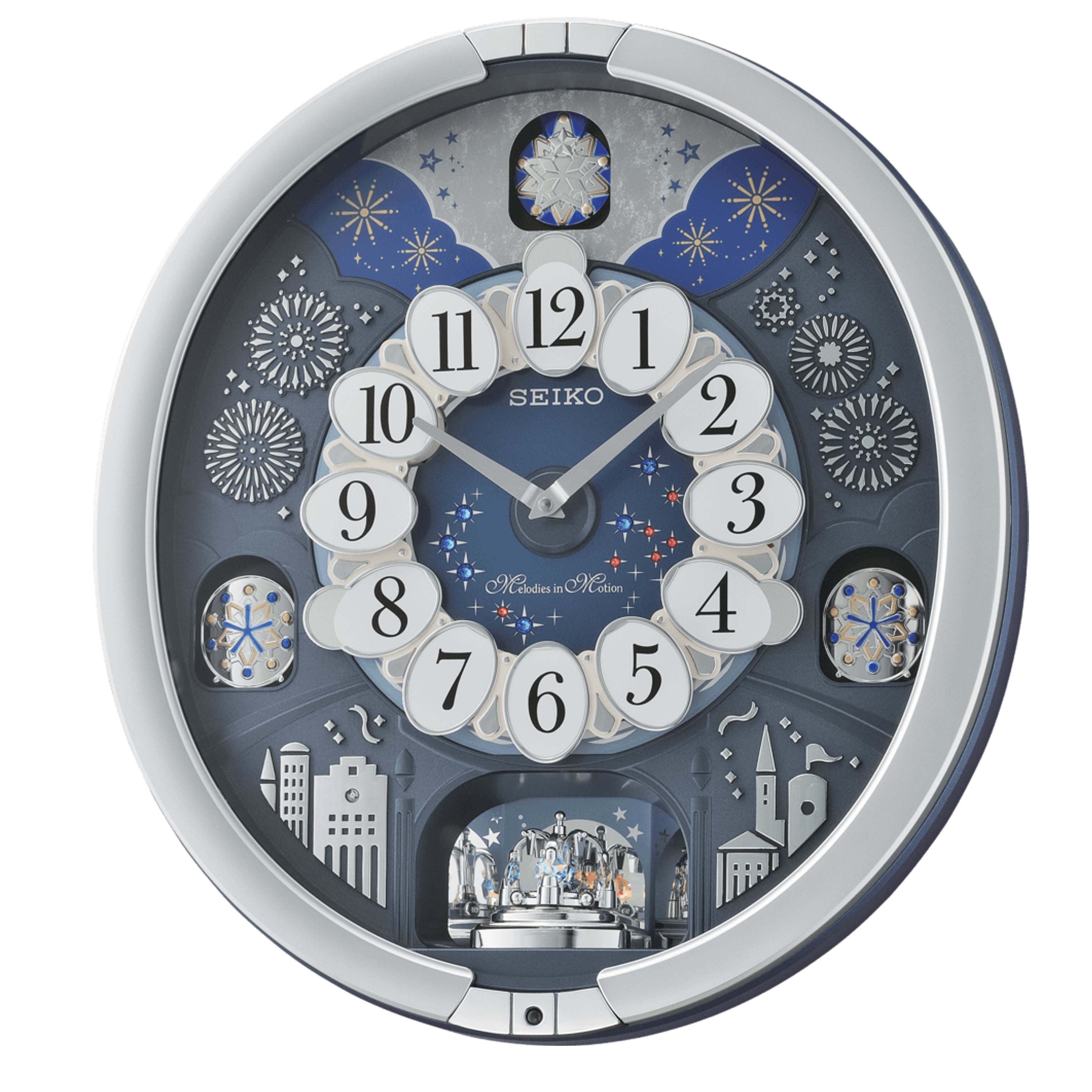 thumbnail video image 2 of Seiko Glittering Starry Night Melodies in Motion Musical Clock, Quartz, Analog, QXM379SRH, 2 of 7