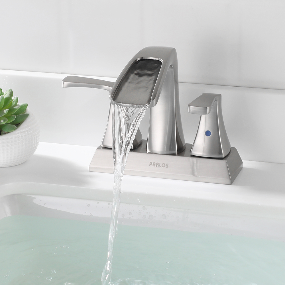 thumbnail video image 2 of PARLOS 2 Handles Waterfall Bathroom Faucet with Pop-up Drain and Faucet Supply Lines, Brushed Nickel, 2 of 11