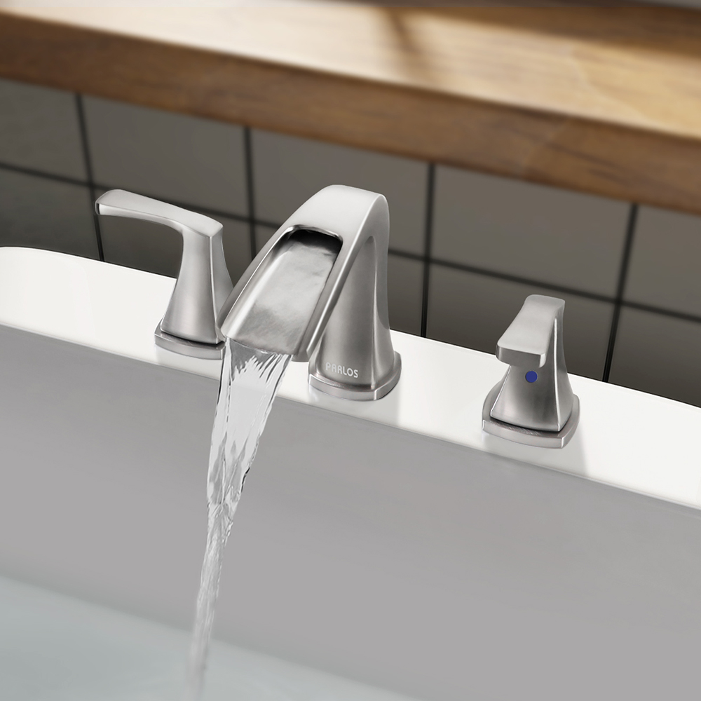 thumbnail video image 2 of Parlos 2-Handle Widespread Waterfall Roman Bathtub with Hot & Cold Supply Lines, Brushed Nickel, 2 of 10