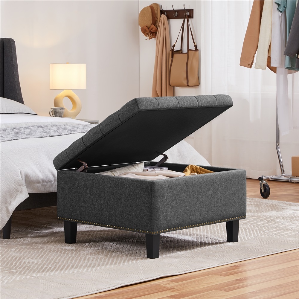 thumbnail video image 2 of Alden Design Modern Linen-like Storage Ottoman Bench with Button-Tufted for Entryway, Dark Gray, 2 of 9