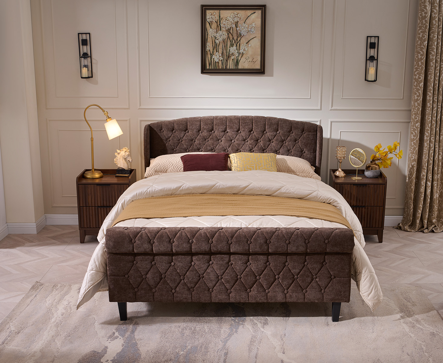 Sailvan Queen Bed Frame,Chenille Upholstered Platform Sleigh Bed Frame with Rolling Footboard, Button Tufted/Wooden Board Support/No Box Spring Required