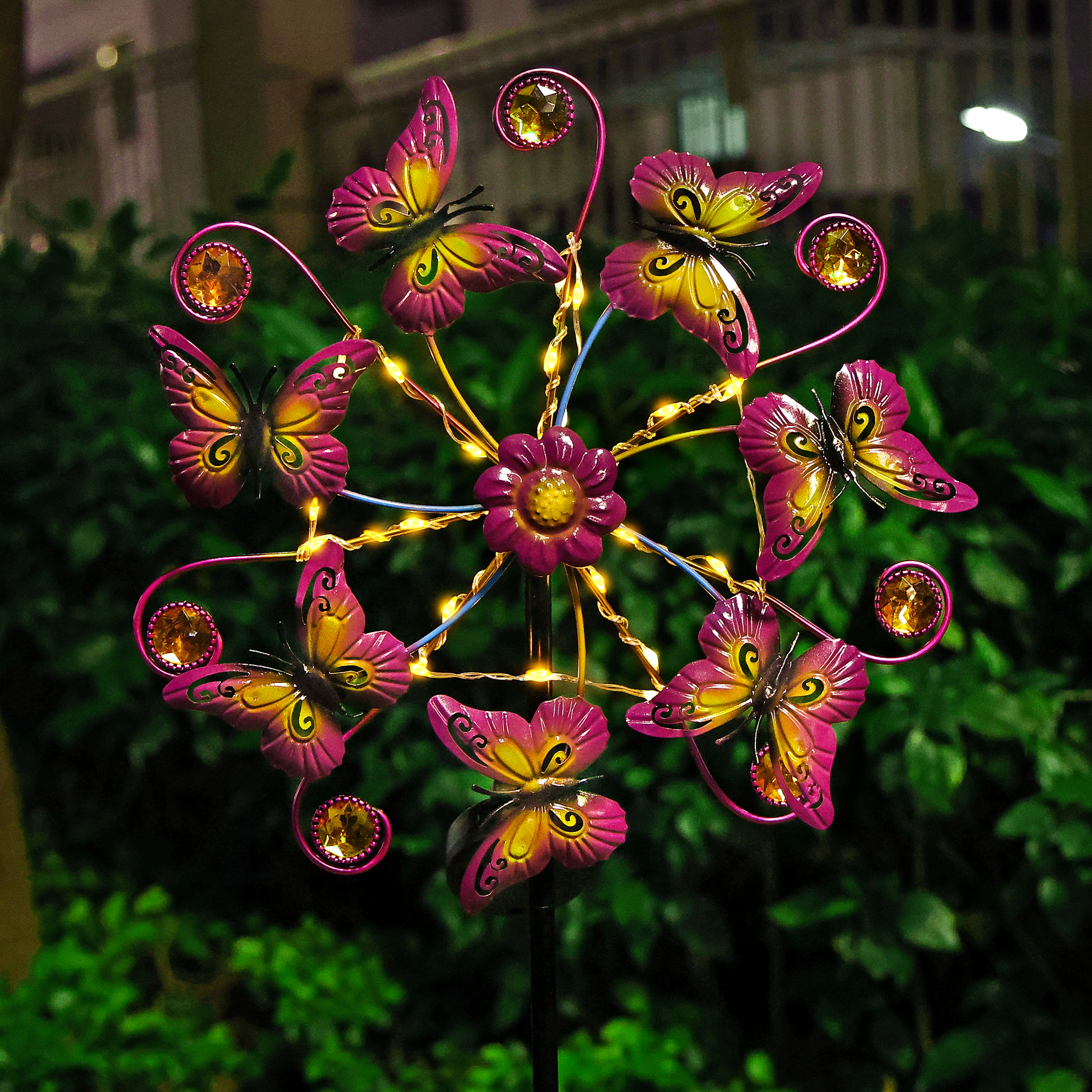 thumbnail video image 2 of Solar Wind Spinners Outdoor for Yard and Garden, 51“Butterfly Metal Garden Wind Sculptures Stake with LED Lights Double-layer，Solar Windmill Kinetic Spinner for Garden Lawn Patio Decoration, 2 of 7