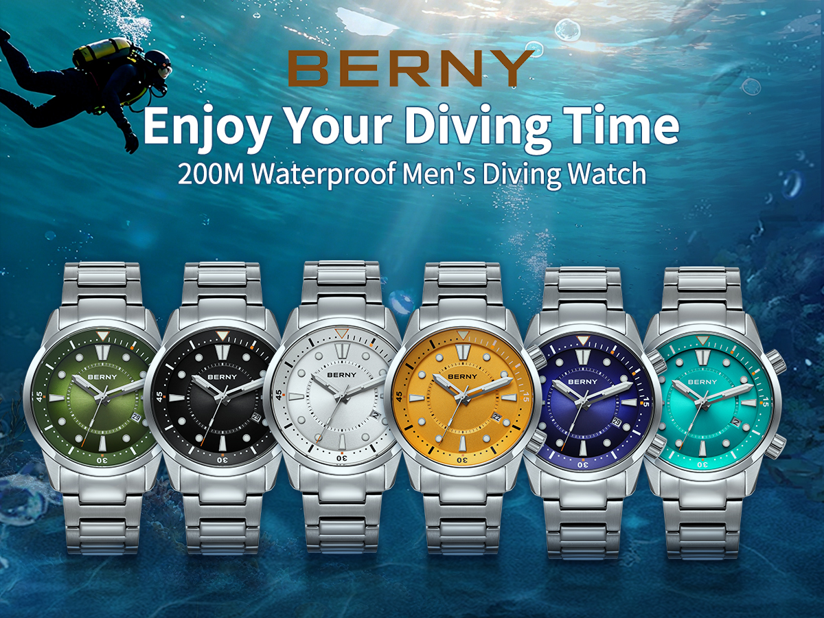 thumbnail video image 2 of BERNY Automatic Dive Watches for Men Sport 200M Waterproof Self Winding Analog Mechanical Watch with Date Stainless Steel Luminous Sapphire Crystal Fashion Men's Pro Diver Watch (White), 2 of 13