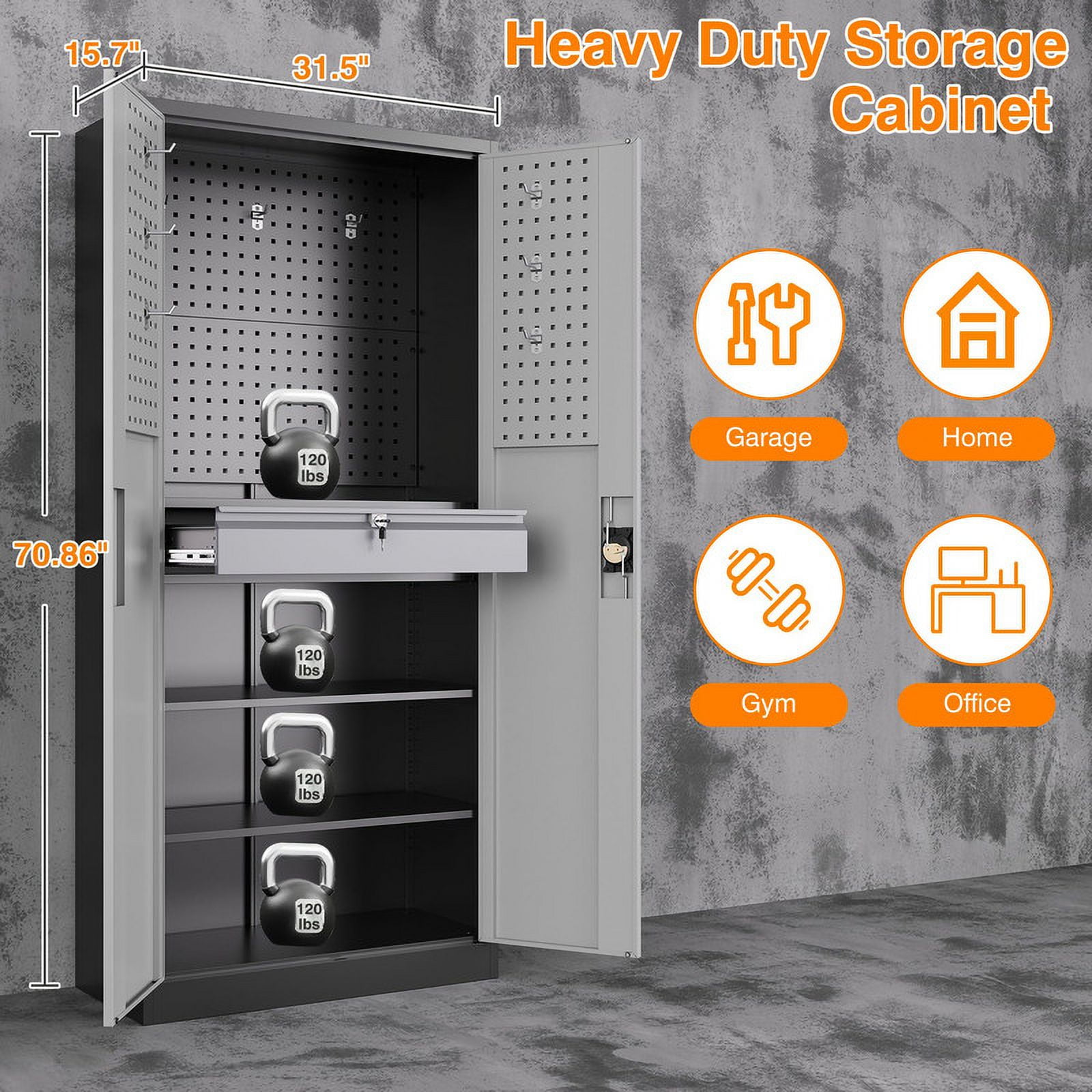 thumbnail video image 2 of Fesbos Metal Tool Storage Cabinet, Garage Storage with Adjustable Shelves and Drawer, Heavy-Duty Lockable Cabinet with Pegboard for Office Garage Warehouses, 2 of 8