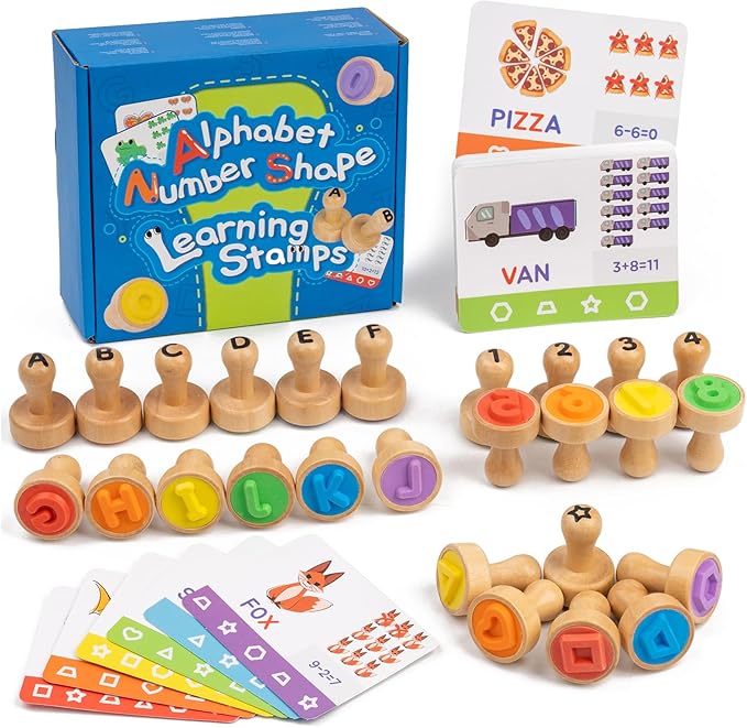 thumbnail video image 2 of BUSY EDITION Letter Stamps for Kids, 71-Piece Wooden Alphabet and Number Stamp Set with Flashcard Learning Cards Ages 3-6, 2 of 8