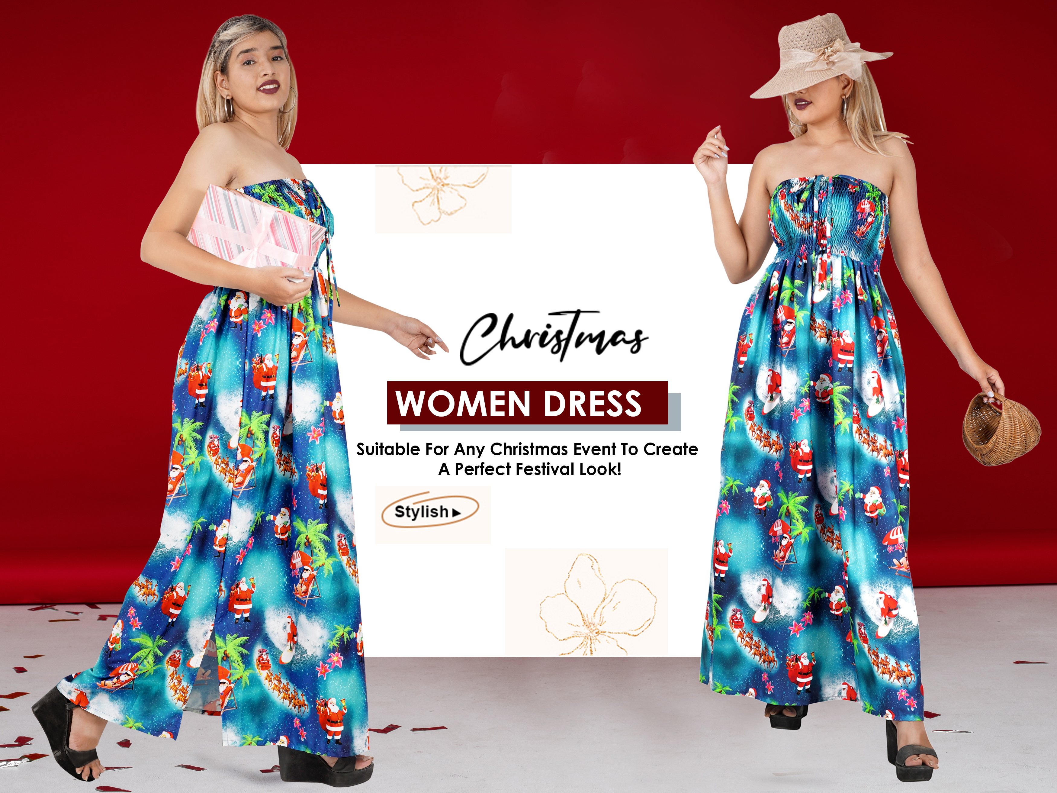 thumbnail video image 2 of HAPPY BAY Women's A line Slit Smocked Maxi Casual Beach Dress Tube Top Evening Long Strapless Tacky Christmas Dresses for Women L-XL Palm Tree, Blue, 2 of 6