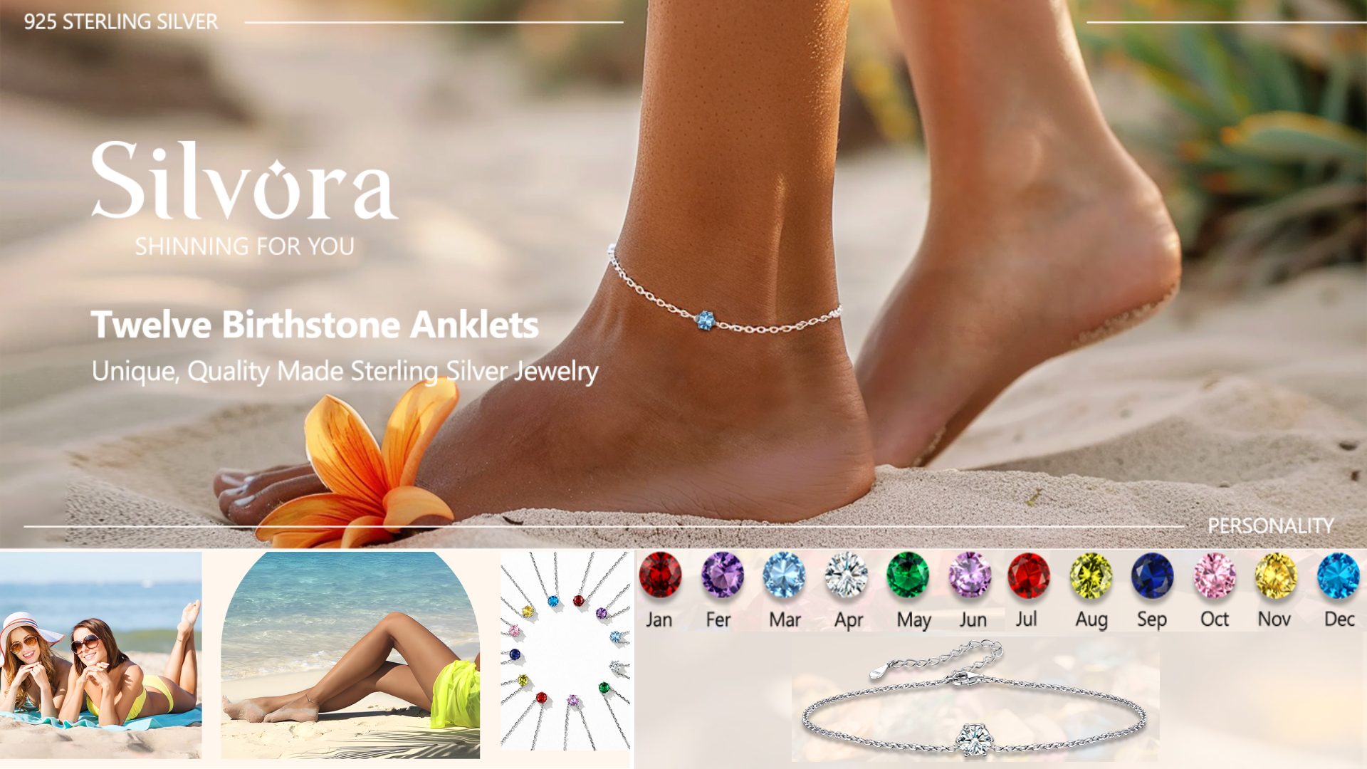 thumbnail video image 2 of Silvora Shiny Birthstone Anklets 925 Sterling Silver Anklet Bracelets with Round October Tourmaline Birthday Christmas Jewelry Gift, 2 of 9