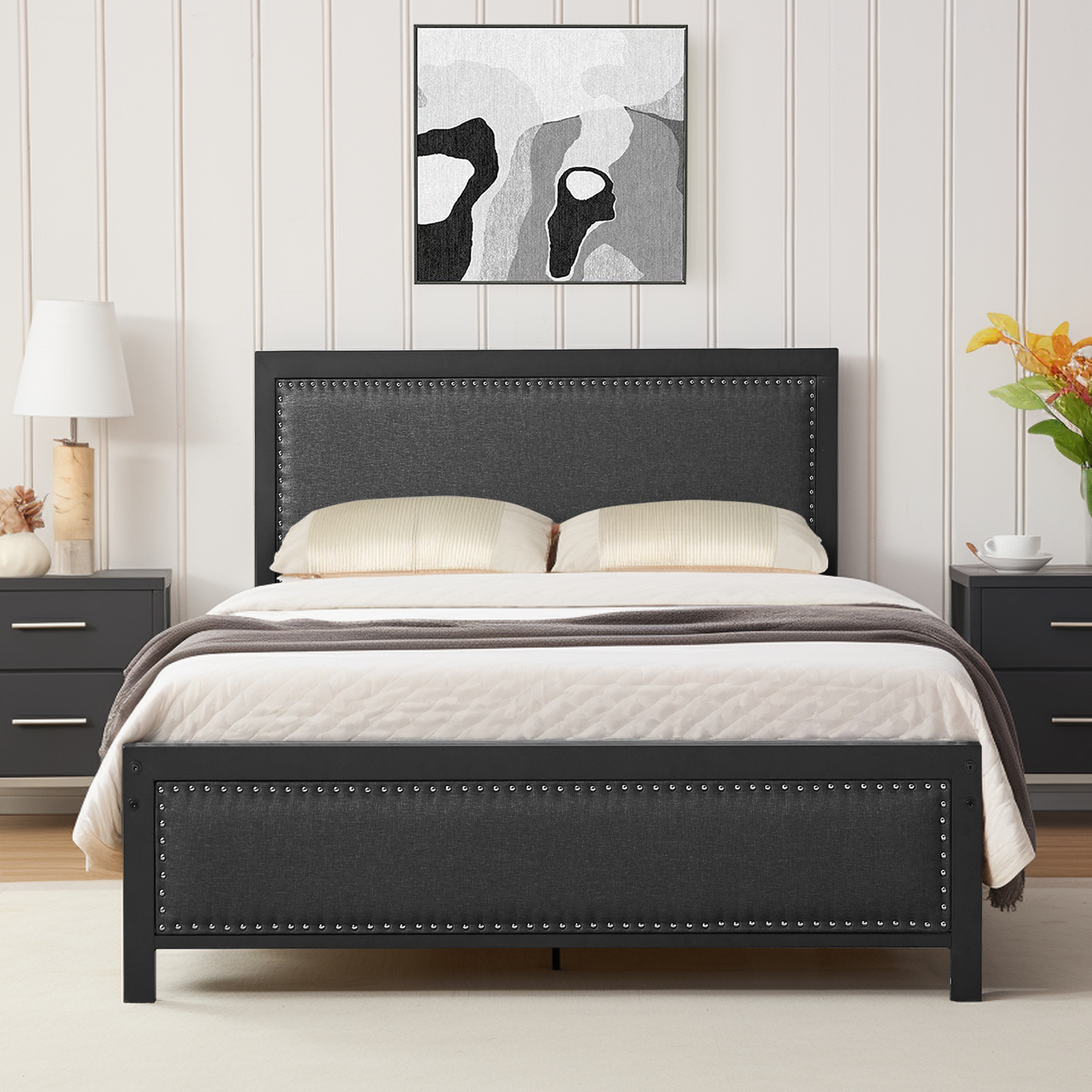 thumbnail video image 2 of VECELO Queen Size Bed Frame Metal Platform Bed with Upholstered Headboard, No Box Spring Needed, Gray, 2 of 11