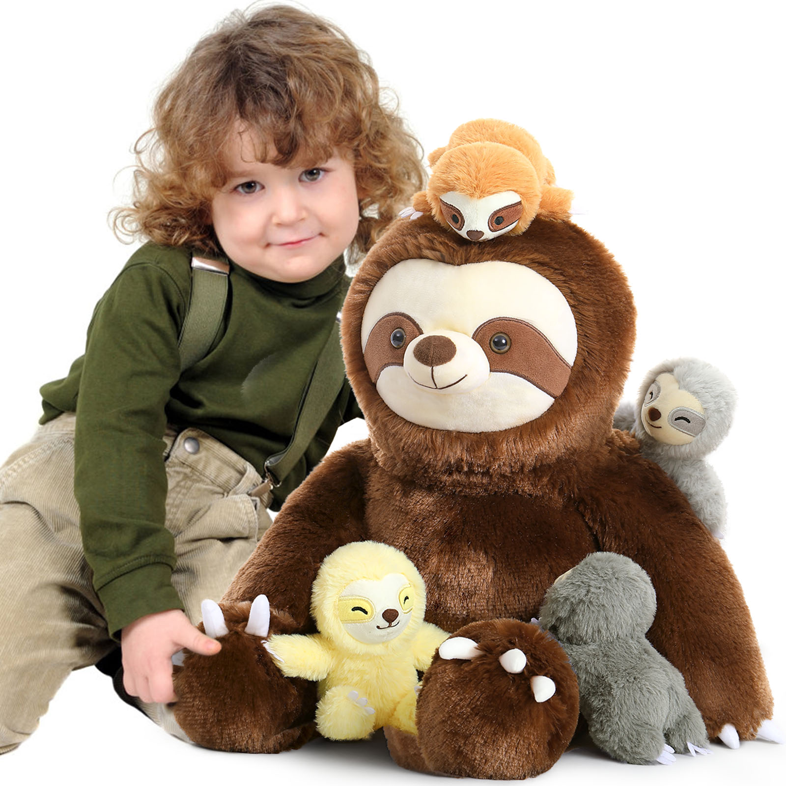 thumbnail video image 2 of MorisMos 24" Sloth Stuffed Animal Mommy Sloth Plush Toy with 4 Baby Plush Toys, 2 of 9