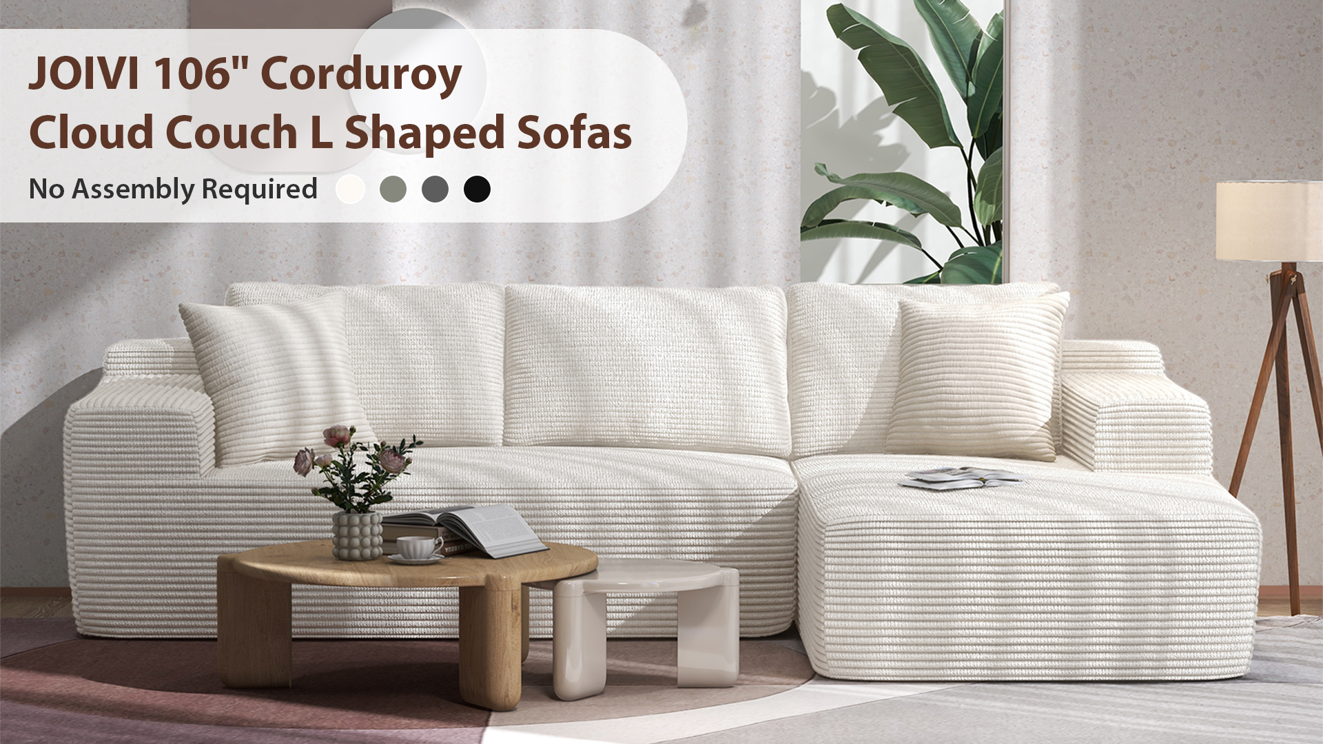 thumbnail video image 2 of JOIVI Indoor Modular Sectional Sofa, 106" Corduroy Cloud Couch L Shaped Sofas with Deep Seat, Comfy Fluffy Plush Couches, No Assembly Required, Left Chaise, White, 2 of 10