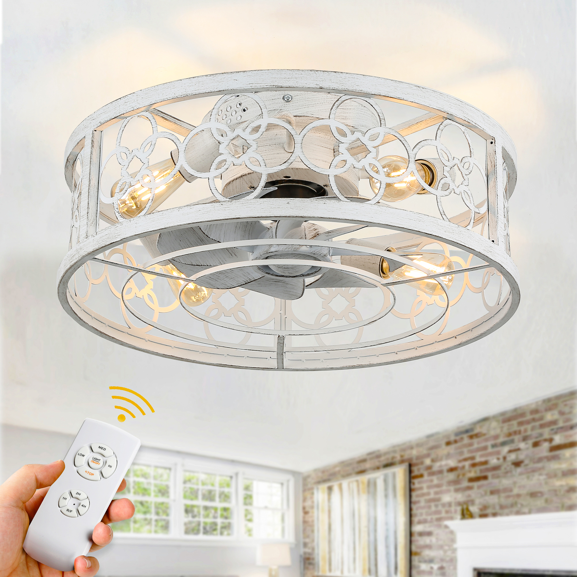 thumbnail video image 2 of Bella Depot 20-Inch Distressed White Flush Mount Modern Ceiling Fan with Remote Control and Light Kit, 2 of 15
