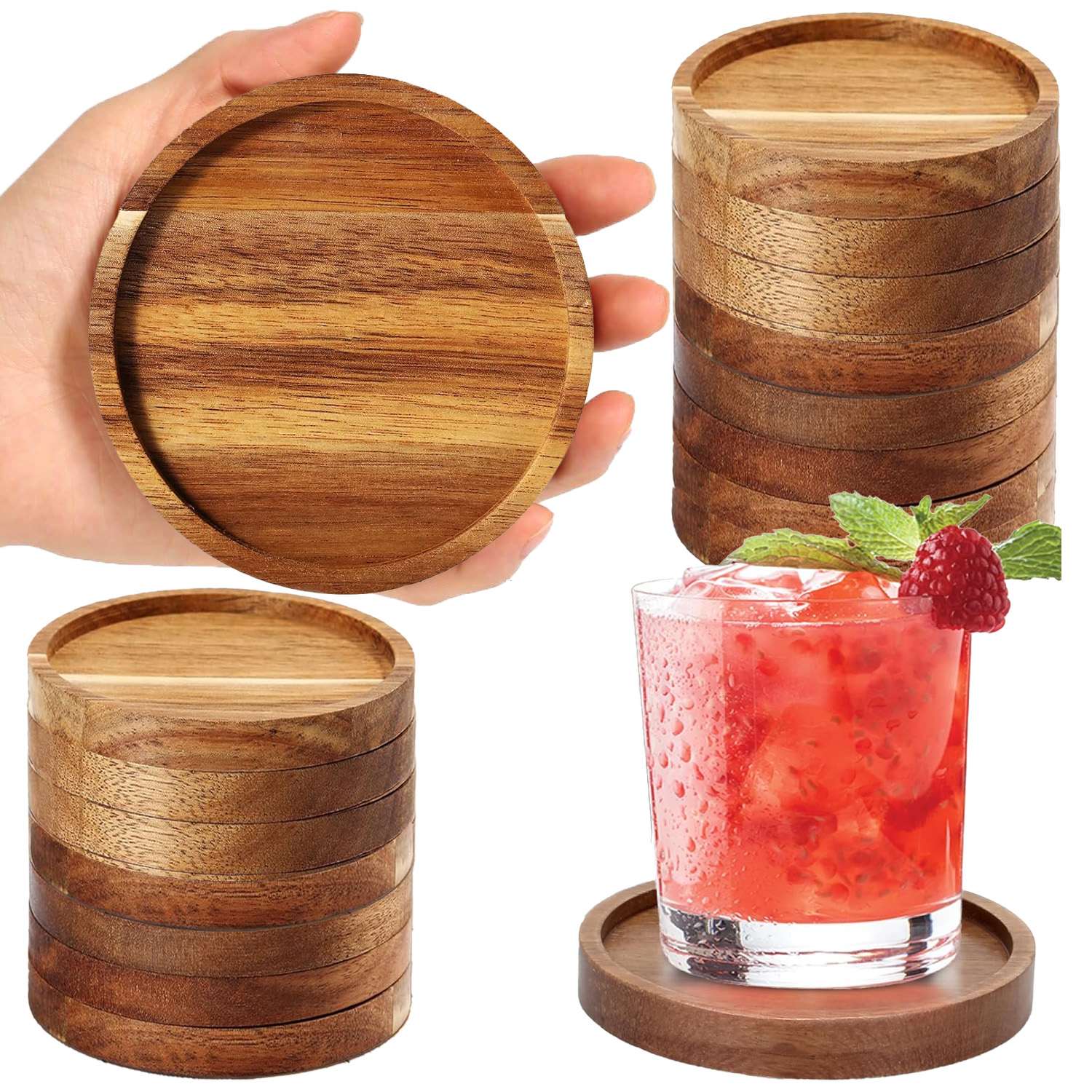thumbnail video image 2 of Wooden Coasters Set of 8, Acacia Wood Drink Coasters with Non-Slip Pads – Round Tabletop Protectors for Coffee Table, Desk, Home Decor, Gift Idea, 2 of 10