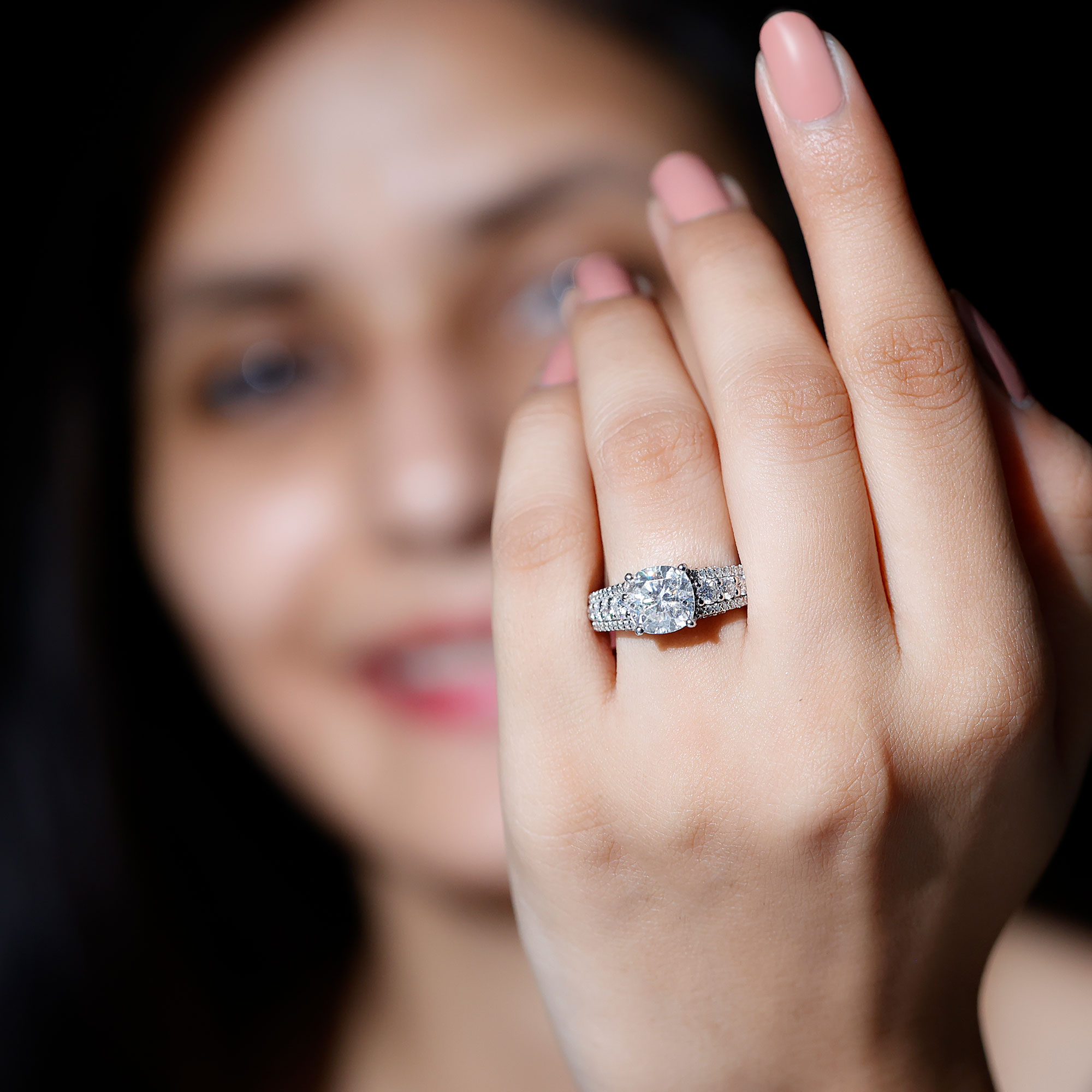 thumbnail video image 2 of Rosec Jewels Moissanite Cushion Cut Engagement Ring for Women - 8 mm - Solitaire Ring - D-VS1 Quality Certified, 925 Sterling Silver, US 4.00, 2 of 9