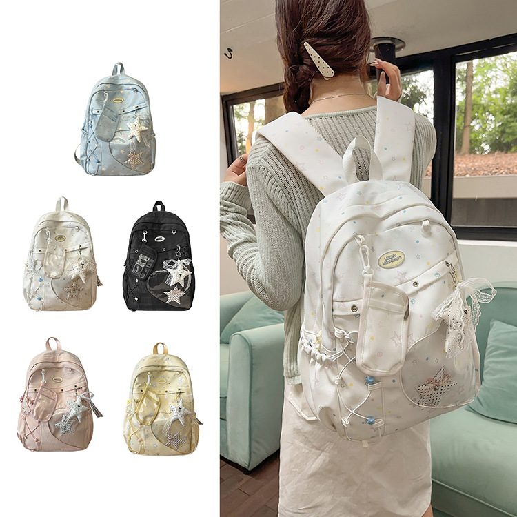 thumbnail video image 2 of Sunyuer Kawaii Ita Backpack for Young Women, Aesthetic Backpack with Clear Display Window, Lace Star Pendant Water‑Resistant Nylon Bookbag for Daily Travel, 2 of 9