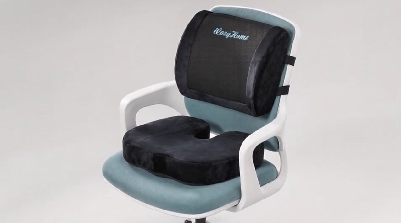 thumbnail video image 2 of Guttylief Coccyx Seat Cushion & Lumbar Support Pillow for Office Chair, Wheel Chair and Car, Memory Foam Back & Tailbone Support, Black, 2 of 10