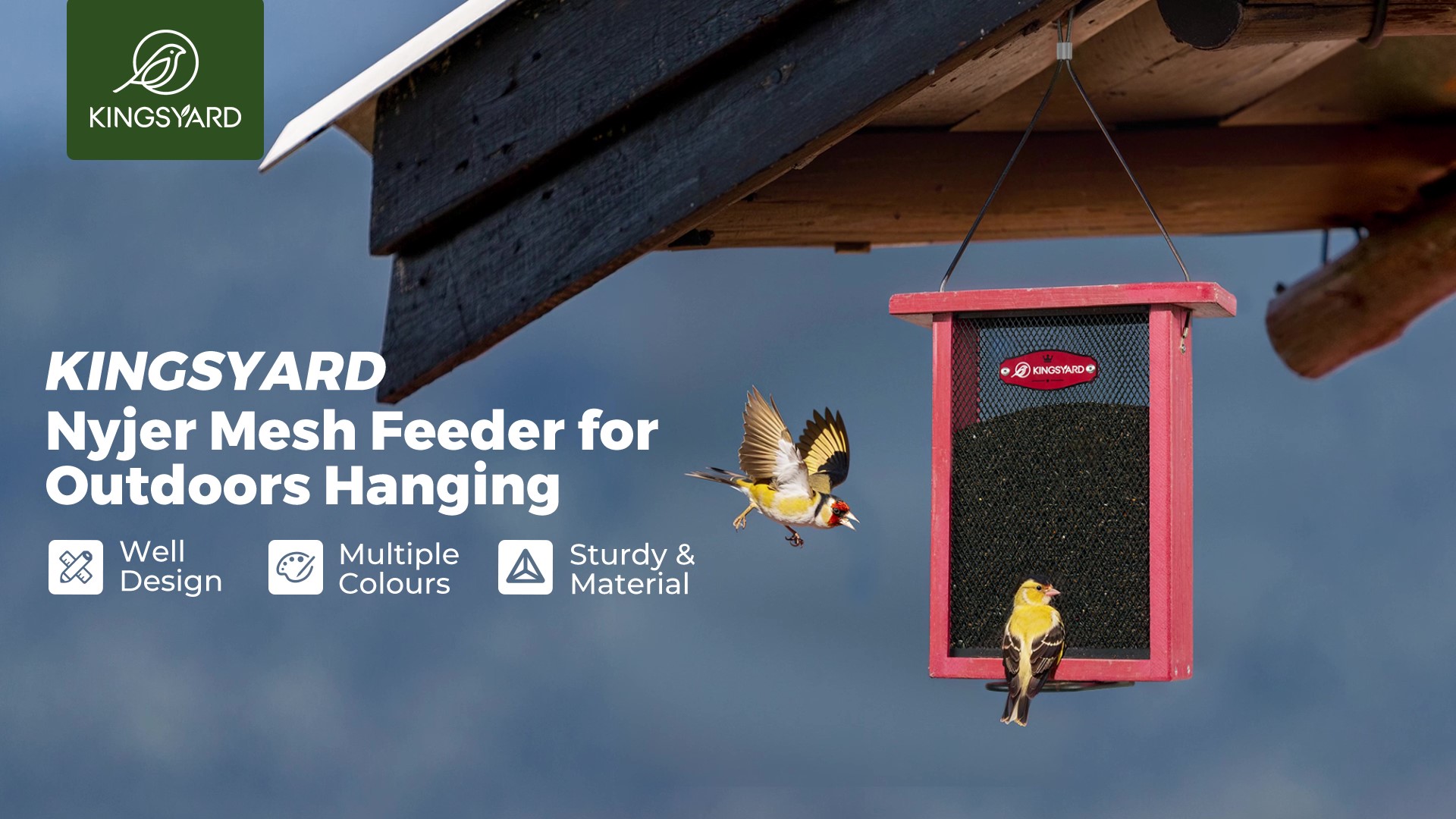 thumbnail video image 2 of Kingsyard Metal Mesh Bird Feeder for Outdoors Hanging, Finch Feeder for Nyjer/Thistle, Sliding Mesh & Built-in Perch, Recycled Plastic, Green, 2 of 8