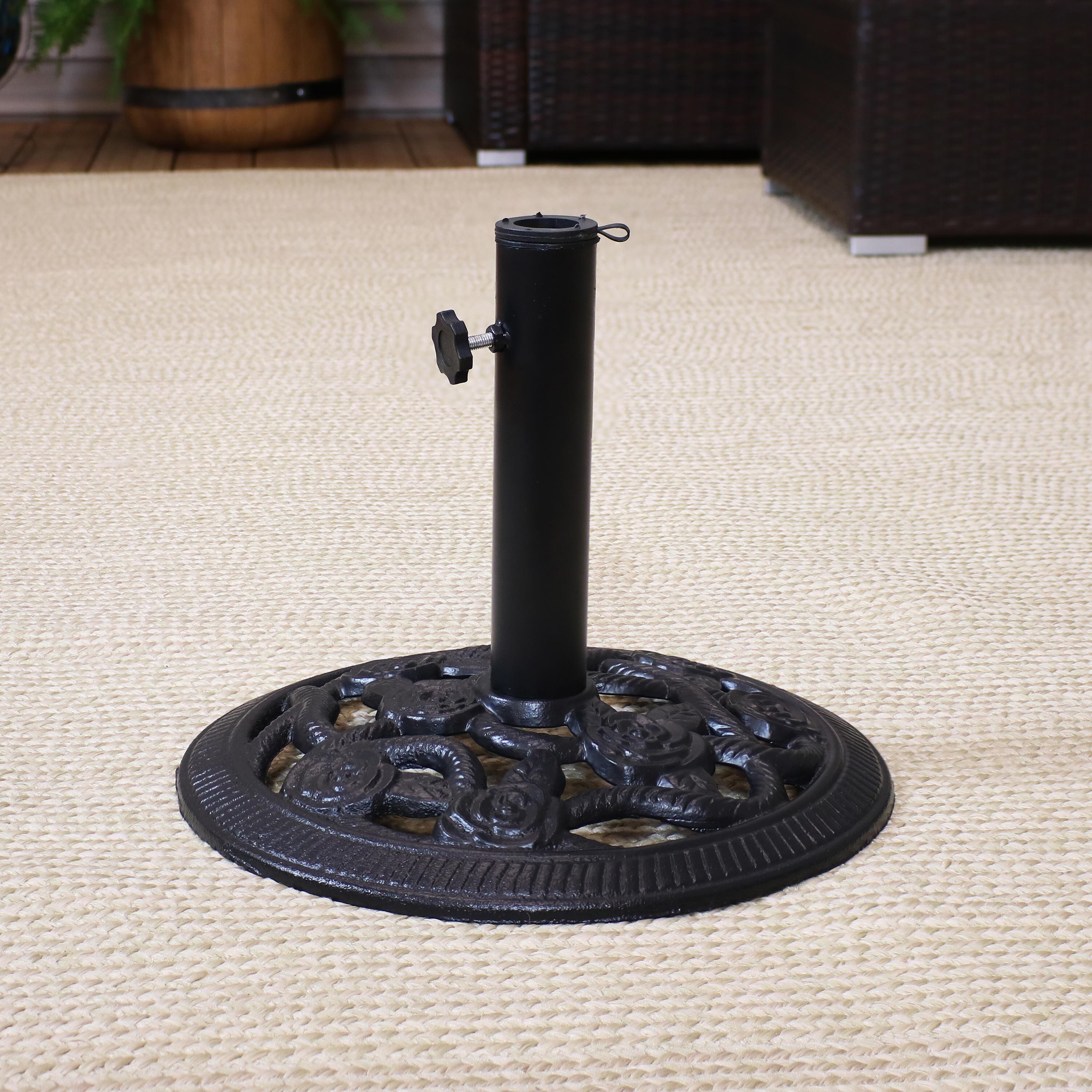 thumbnail video image 2 of Sunnydaze Rose Blossom 17 lb Black Round Cast Iron Market Umbrella Base, 2 of 9